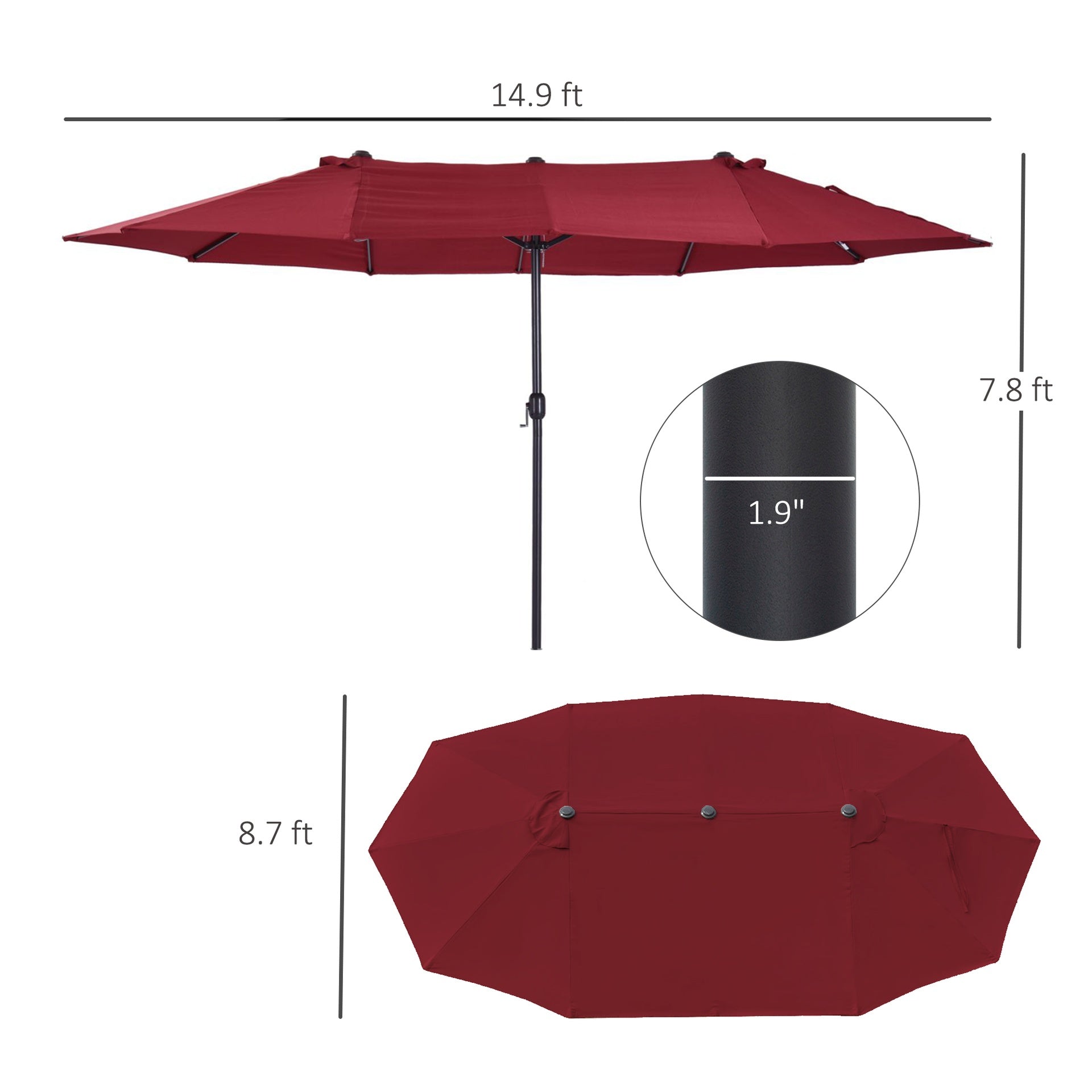 Outsunny Extra Large 15 ft Patio Umbrella, Double-Sided Wide Outdoor Umbrella with Crank Handle and Air Vents for Backyard, Deck, Pool, Market, Wine Red