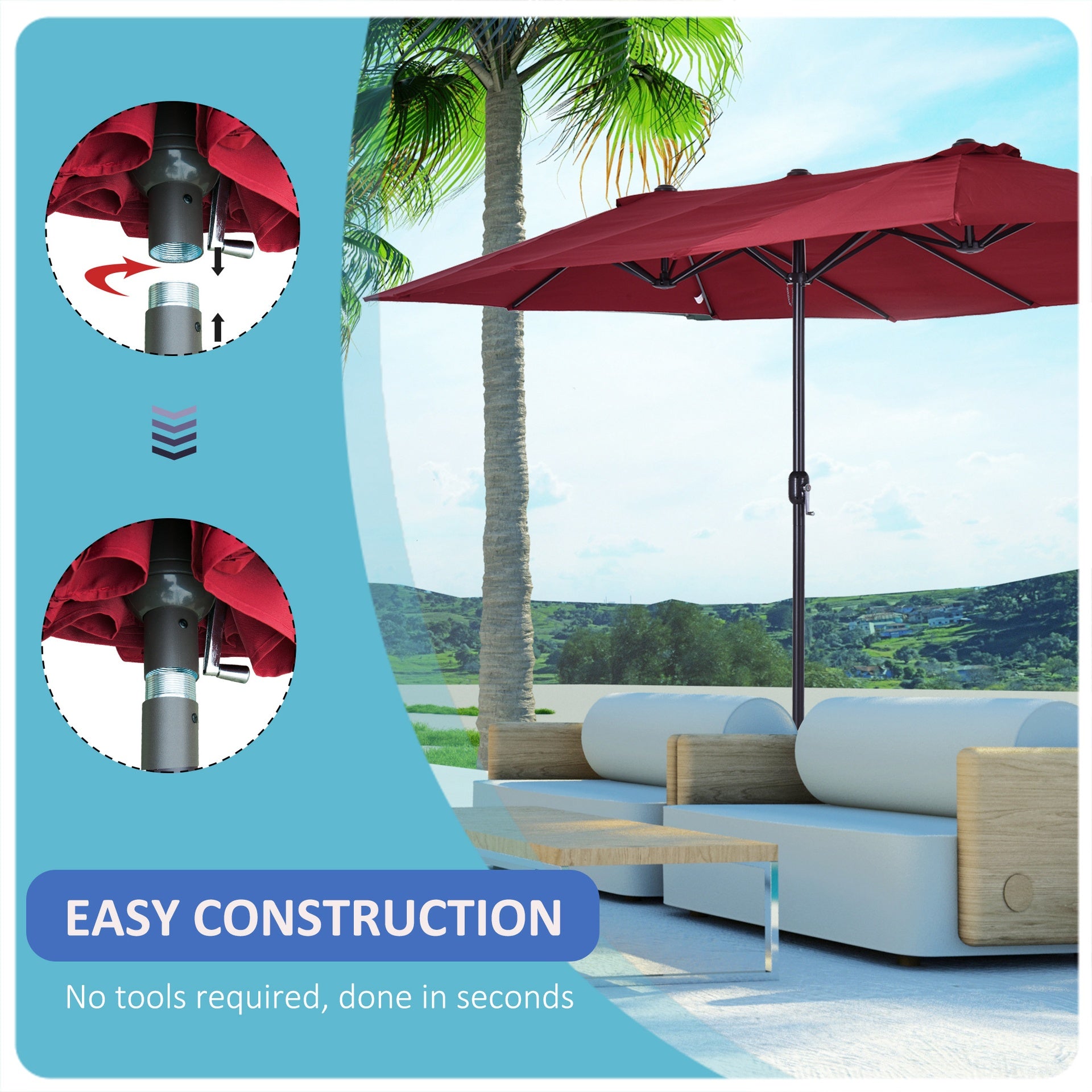 Outsunny Extra Large 15 ft Patio Umbrella, Double-Sided Wide Outdoor Umbrella with Crank Handle and Air Vents for Backyard, Deck, Pool, Market, Wine Red