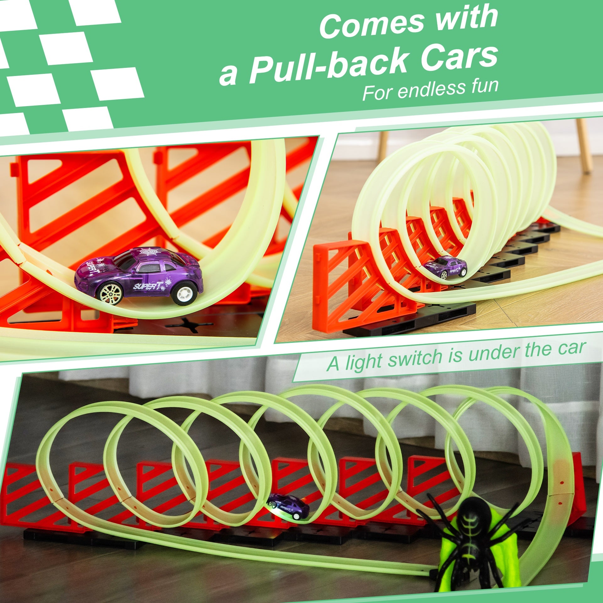 Qaba Track Builder Loop Kit Criss-Cross Glowing Race Track Toy Set Spooky Spider Fun Starter Kit, with Pull-back Car for Kids 3-6 years old, Lime Green