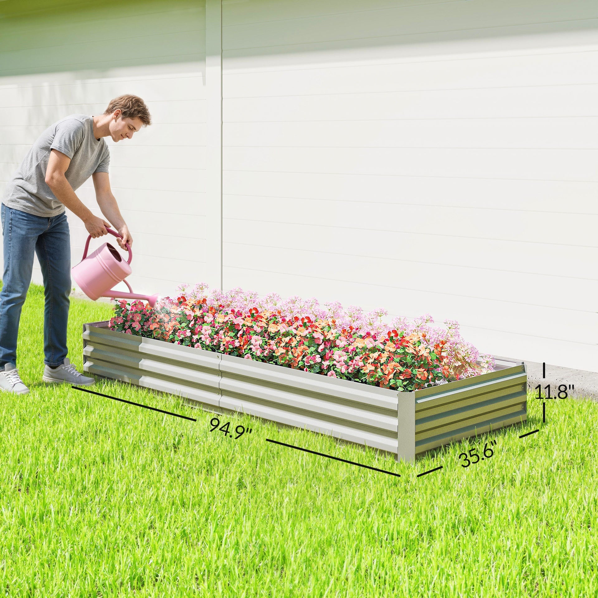 Outsunny 95" x 36" x 12" Galvanized Raised Garden Bed, Easy DIY and Cleaning for Growing Flowers, Herbs, Succulents, Silver