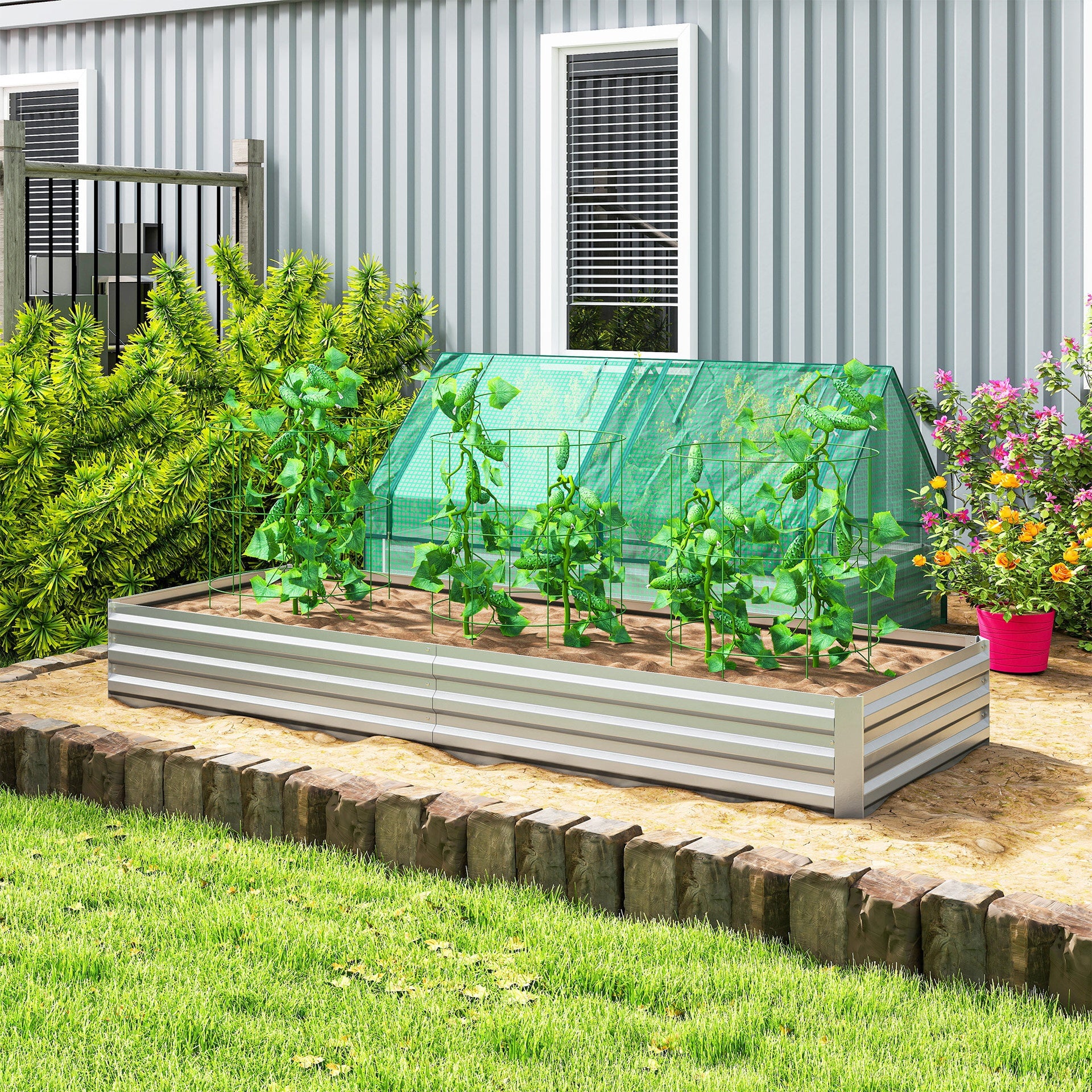 Outsunny 95" x 36" x 12" Galvanized Raised Garden Bed, Easy DIY and Cleaning for Growing Flowers, Herbs, Succulents, Silver
