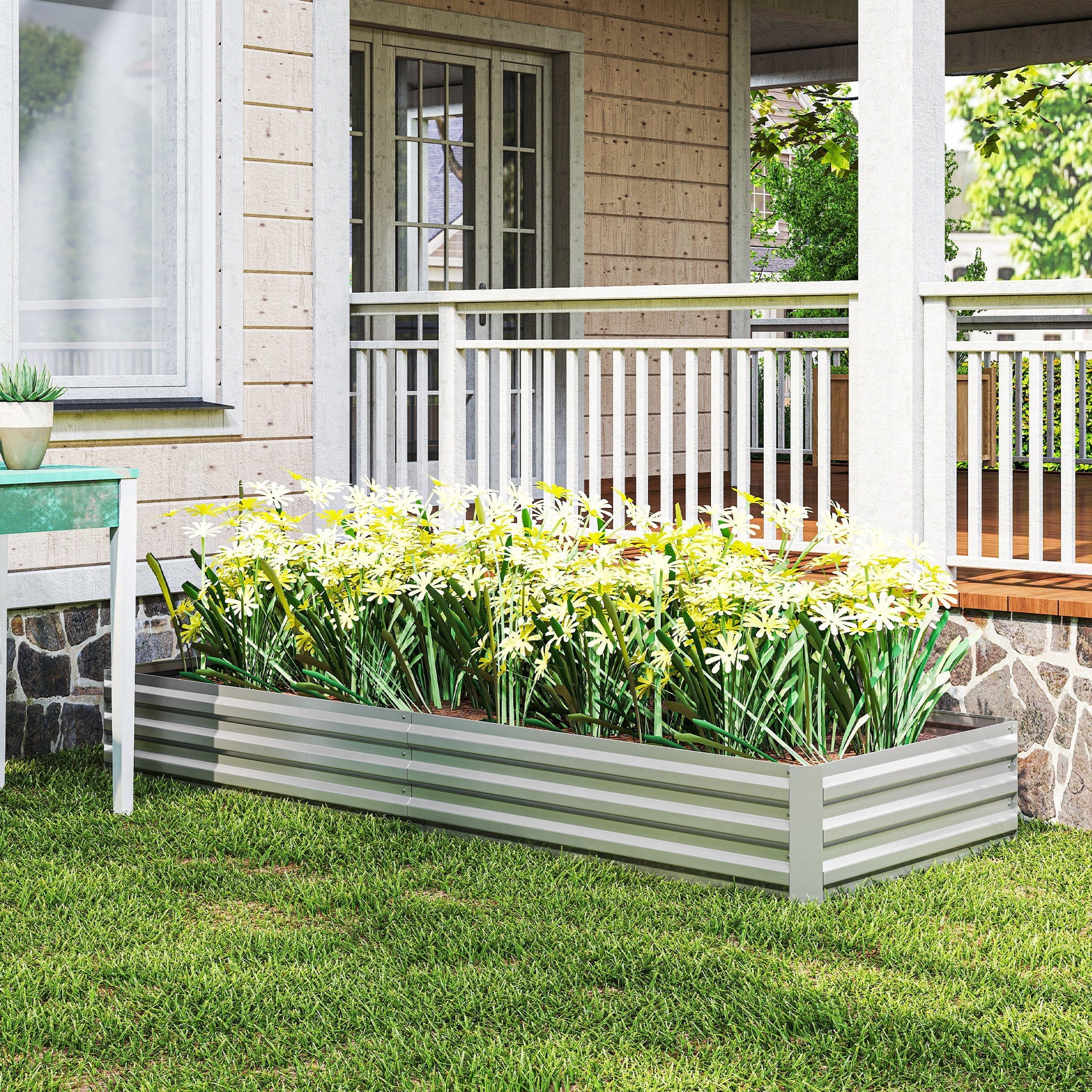 Outsunny 95" x 36" x 12" Galvanized Raised Garden Bed, Easy DIY and Cleaning for Growing Flowers, Herbs, Succulents, Silver