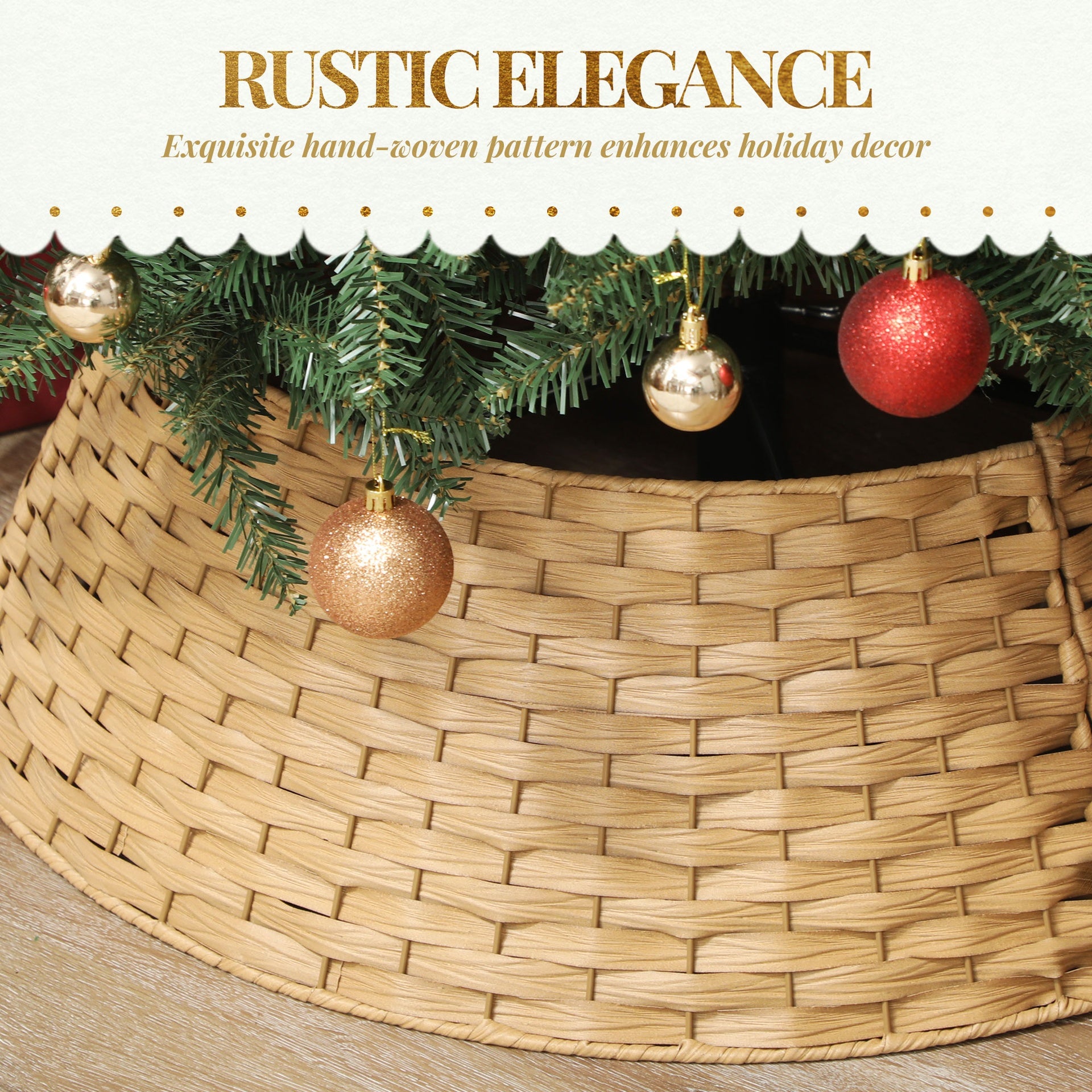 HOMCOM 27 inch Rustic Christmas Tree Skirt, Plastic Woven Christmas Tree Collar for Party, Holiday, Home Decoration, Natural