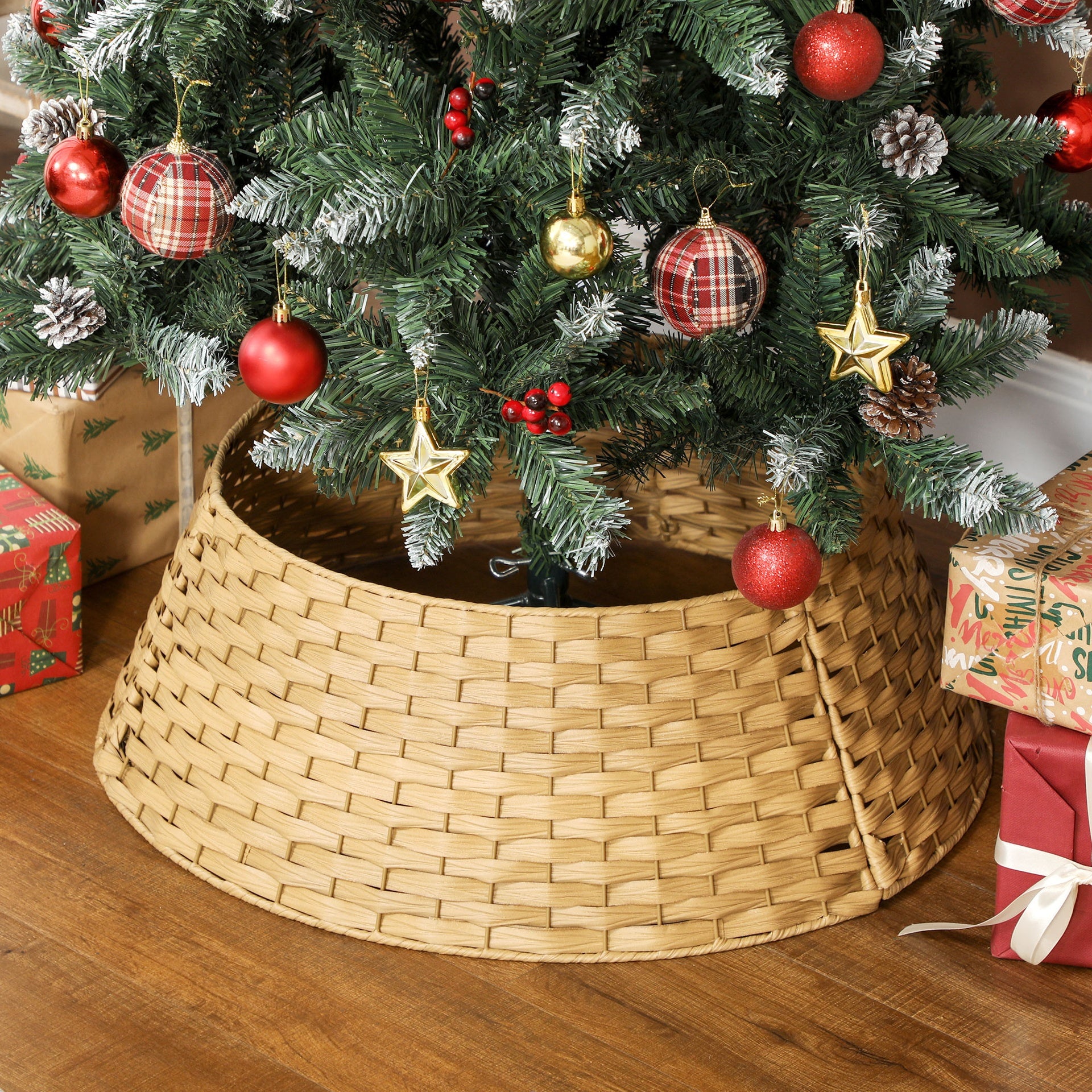 HOMCOM 27 inch Rustic Christmas Tree Skirt, Plastic Woven Christmas Tree Collar for Party, Holiday, Home Decoration, Natural