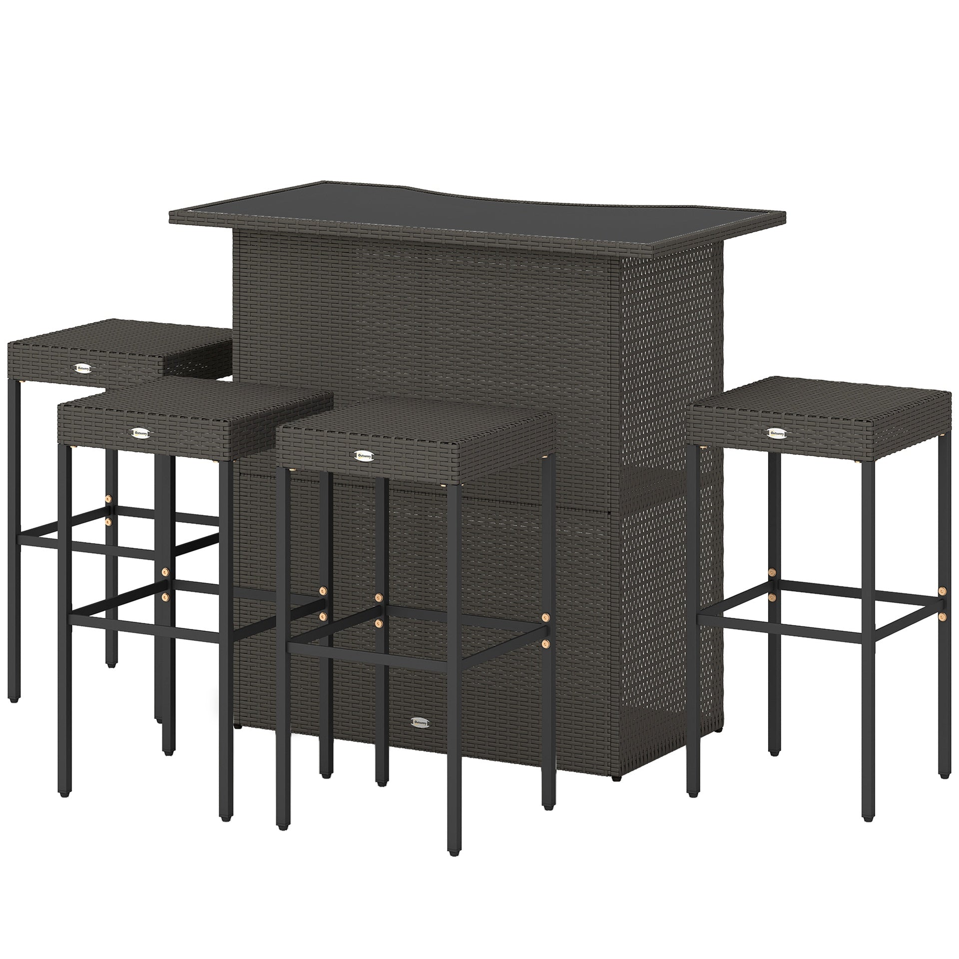 Outsunny 5 Piece Rattan Wicker Bar Set, High Top Outdoor Table and Chairs, Bar Height Patio Set, 2 Shelves & 4 Bar Stools, Brown