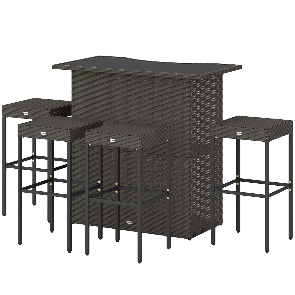 Outsunny 5 Piece Rattan Wicker Bar Set, High Top Outdoor Table and Chairs, Bar Height Patio Set, 2 Shelves & 4 Bar Stools, Brown