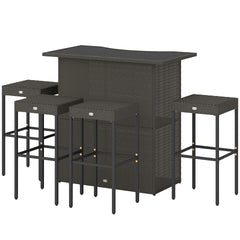 Outsunny 5 Piece Rattan Wicker Bar Set, High Top Outdoor Table and Chairs, Bar Height Patio Set, 2 Shelves & 4 Bar Stools, Brown