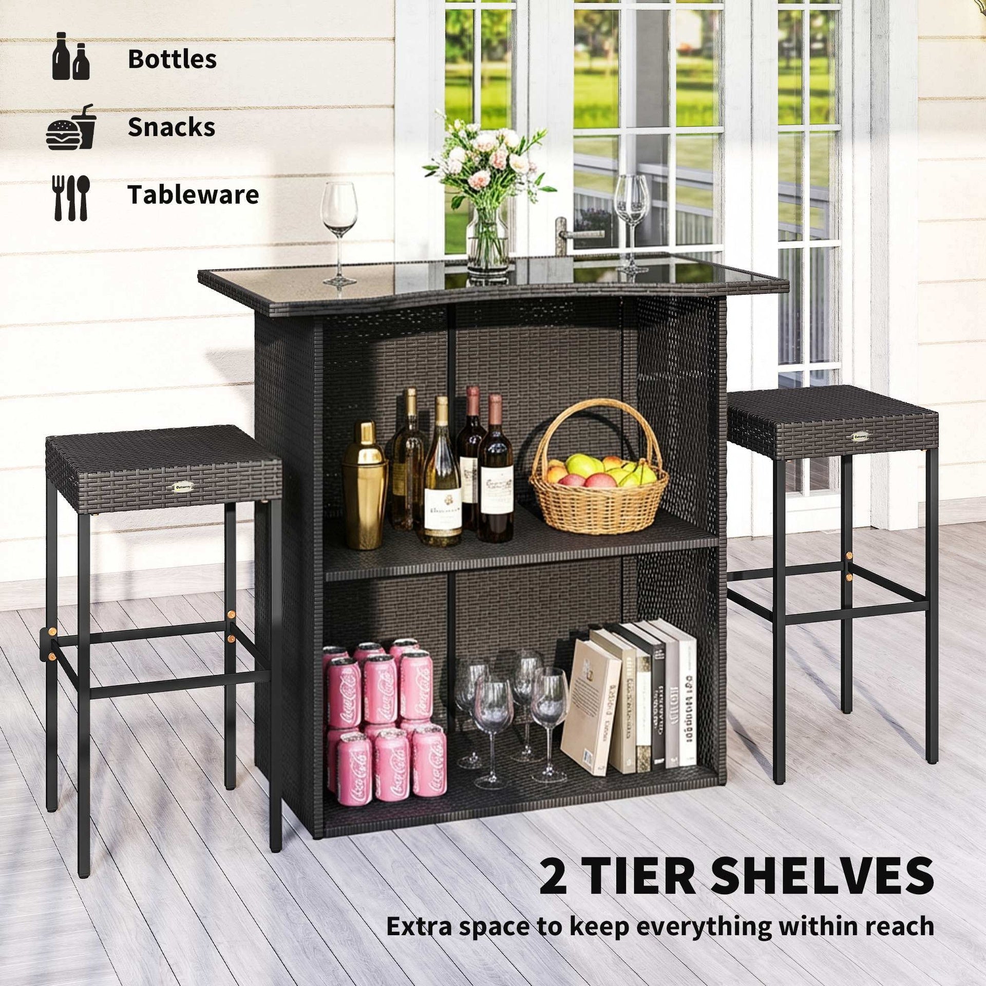 Outsunny 5 Piece Rattan Wicker Bar Set, High Top Outdoor Table and Chairs, Bar Height Patio Set, 2 Shelves & 4 Bar Stools, Brown