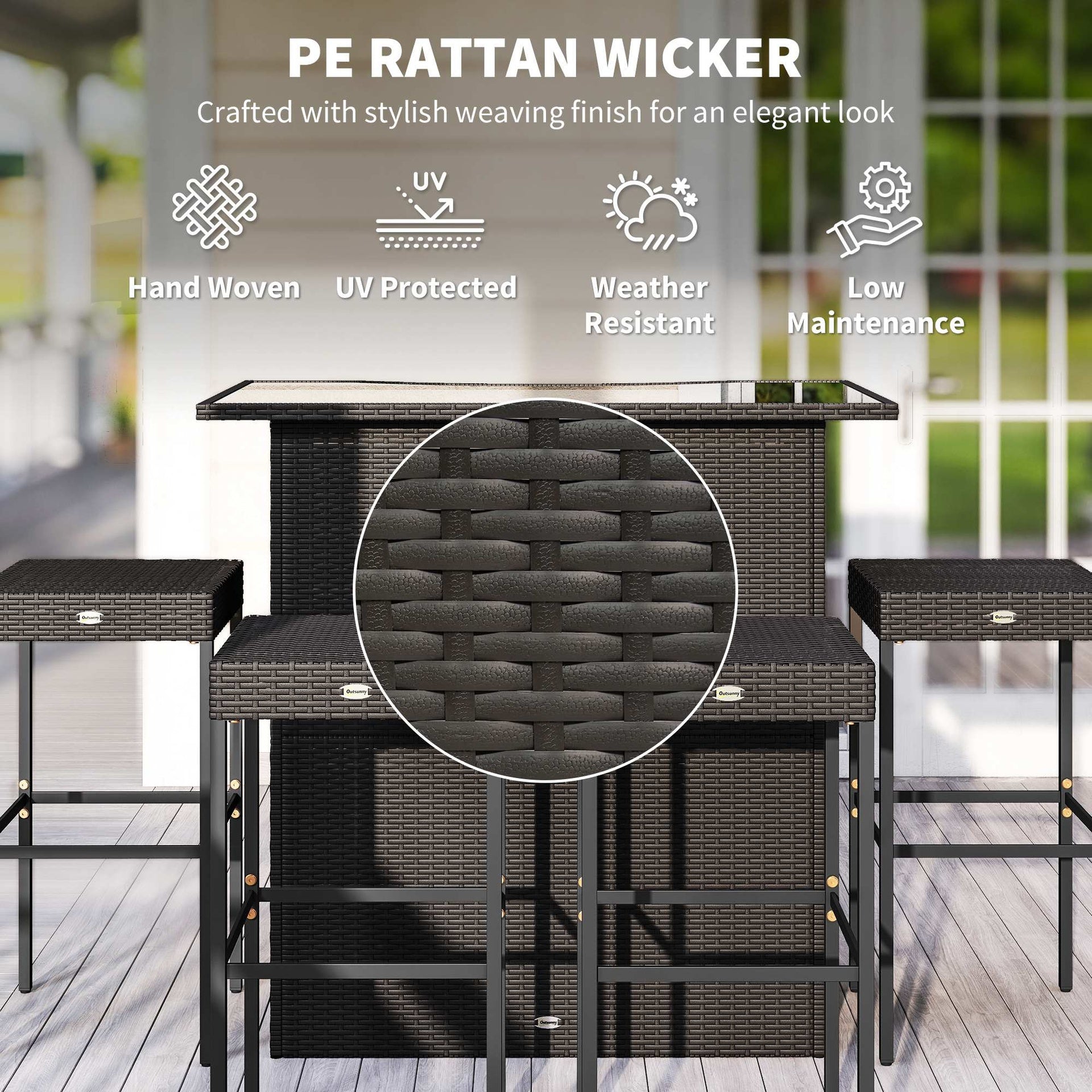 Outsunny 5 Piece Rattan Wicker Bar Set, High Top Outdoor Table and Chairs, Bar Height Patio Set, 2 Shelves & 4 Bar Stools, Brown