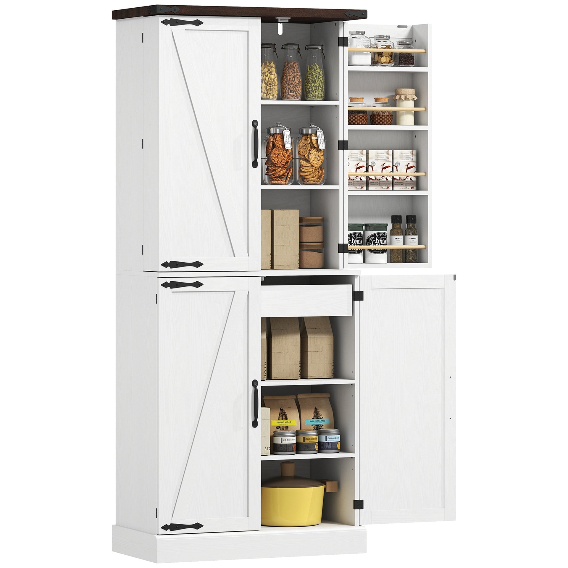 HOMCOM 72" Tall Kitchen Pantry Cabinet, Farmhouse Storage Cabinet with 8 Door Racks and Adjustable Shelves, White