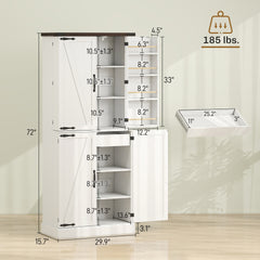 HOMCOM 72" Tall Kitchen Pantry Cabinet, Farmhouse Storage Cabinet with 8 Door Racks and Adjustable Shelves, White