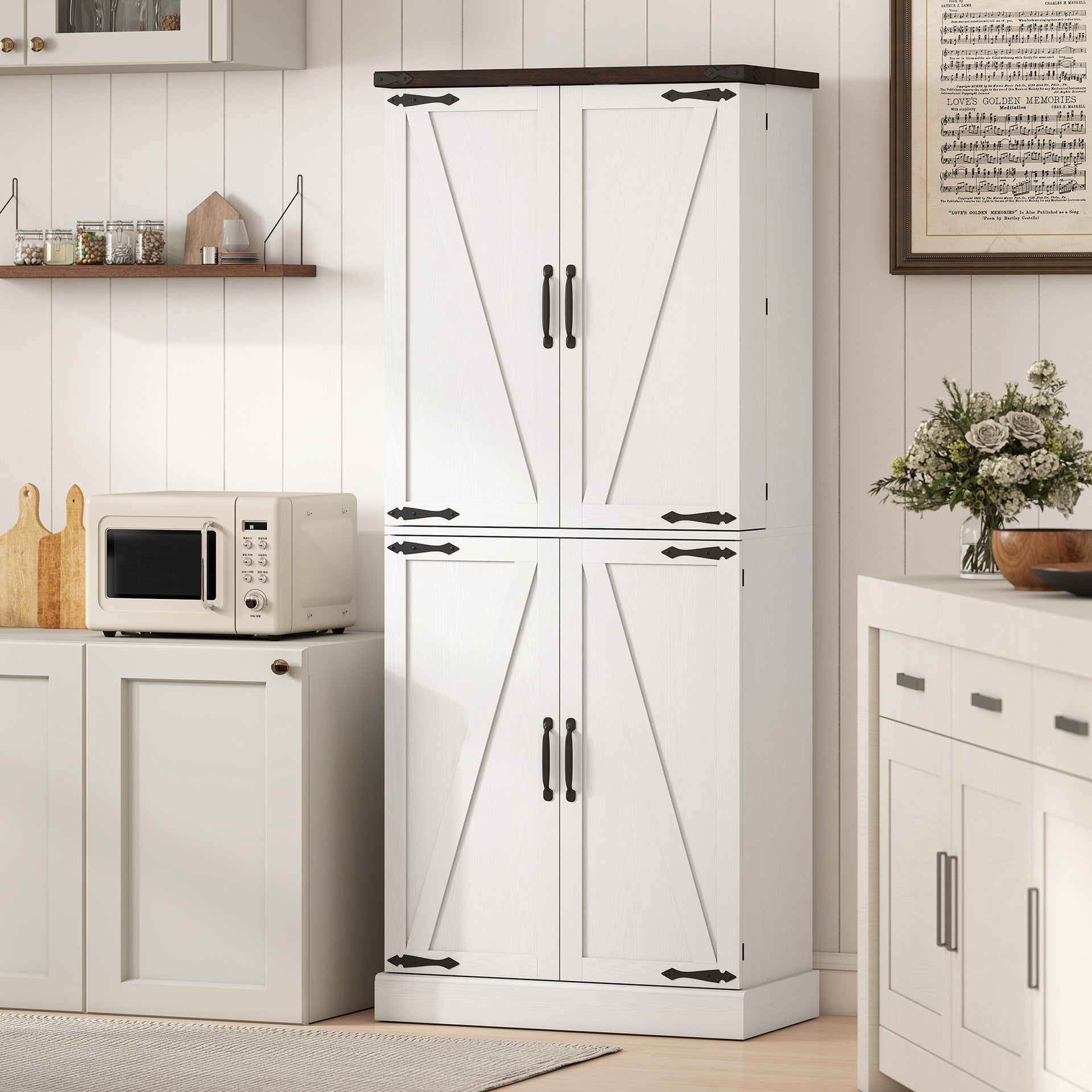 HOMCOM 72" Tall Kitchen Pantry Cabinet, Farmhouse Storage Cabinet with 8 Door Racks and Adjustable Shelves, White