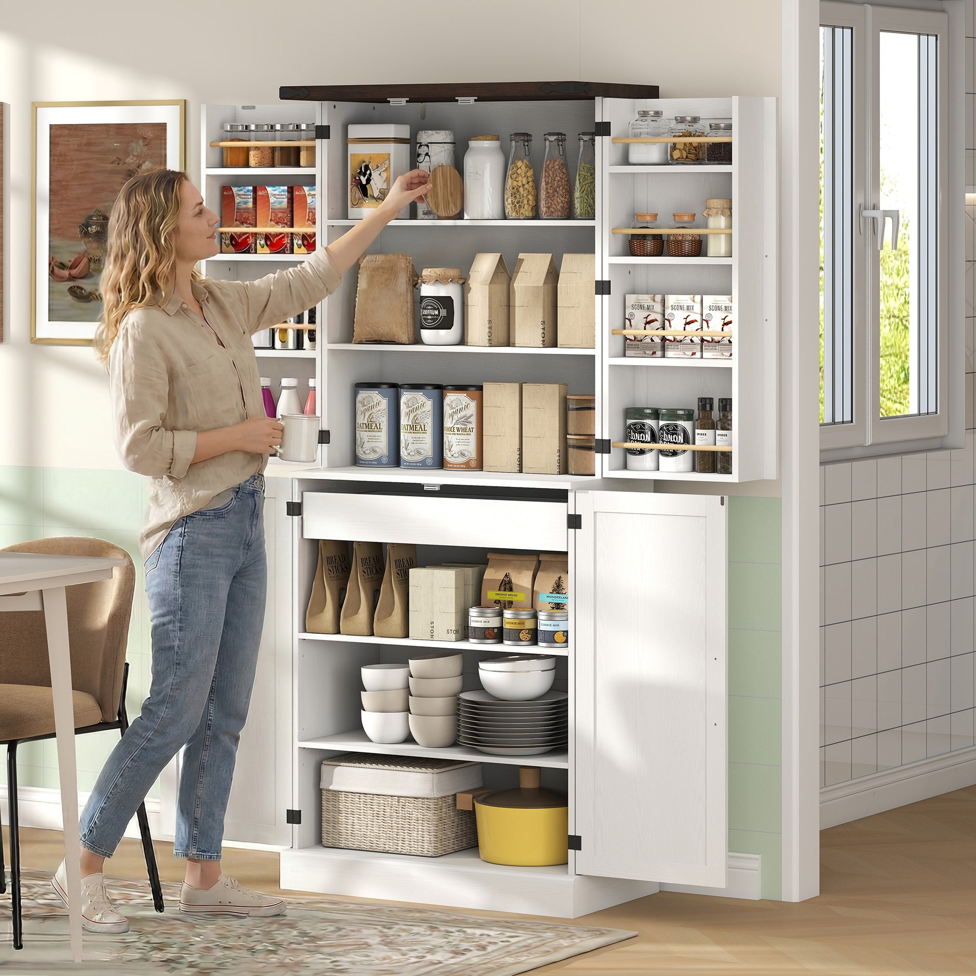 HOMCOM 72" Tall Kitchen Pantry Cabinet, Farmhouse Storage Cabinet with 8 Door Racks and Adjustable Shelves, White