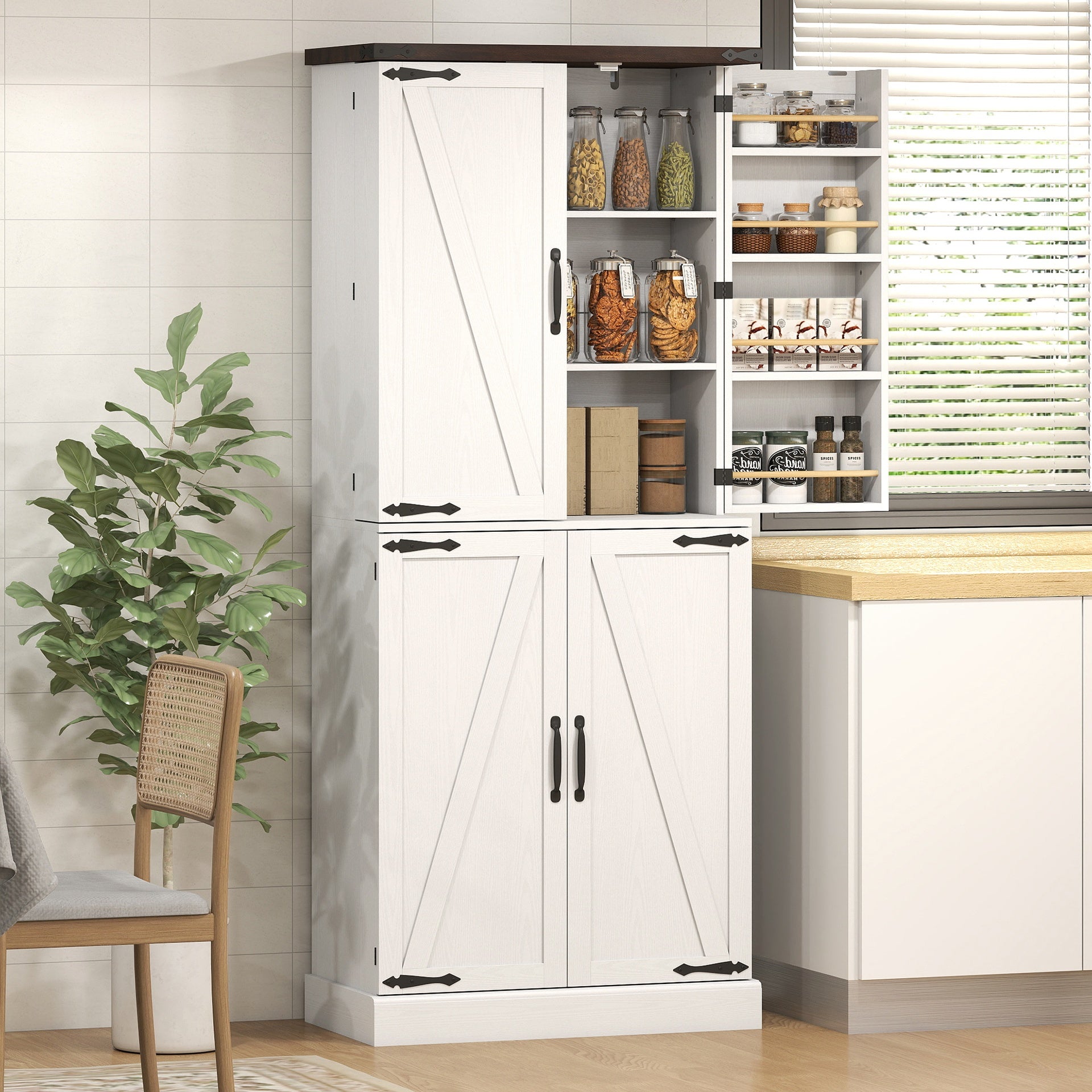 HOMCOM 72" Tall Kitchen Pantry Cabinet, Farmhouse Storage Cabinet with 8 Door Racks and Adjustable Shelves, White