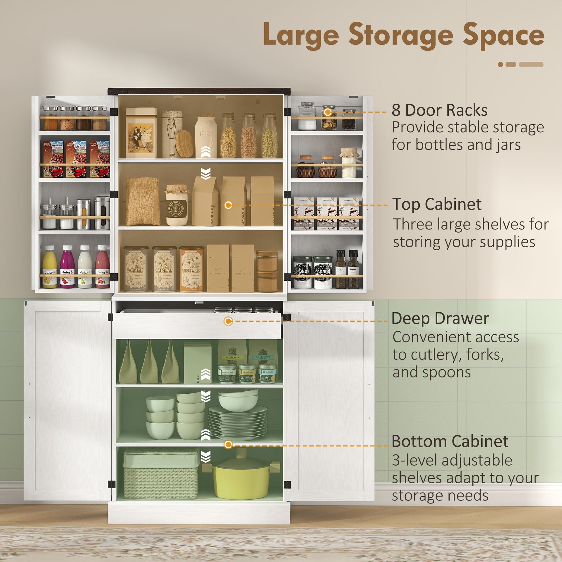 HOMCOM 72" Tall Kitchen Pantry Cabinet, Farmhouse Storage Cabinet with 8 Door Racks and Adjustable Shelves, White