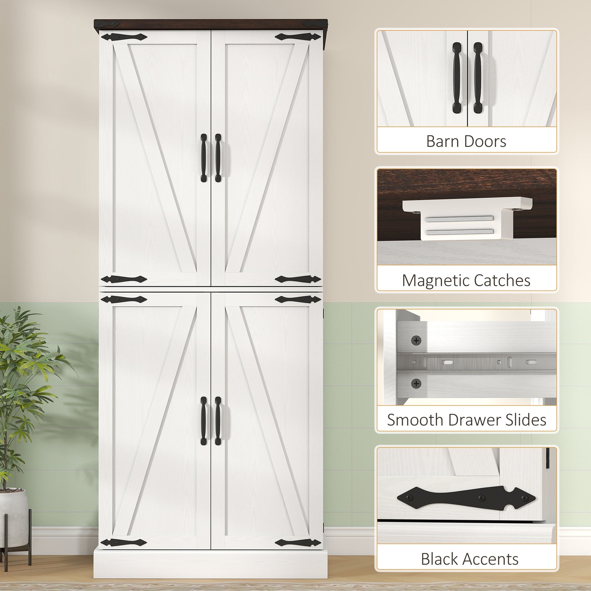 HOMCOM 72" Tall Kitchen Pantry Cabinet, Farmhouse Storage Cabinet with 8 Door Racks and Adjustable Shelves, White