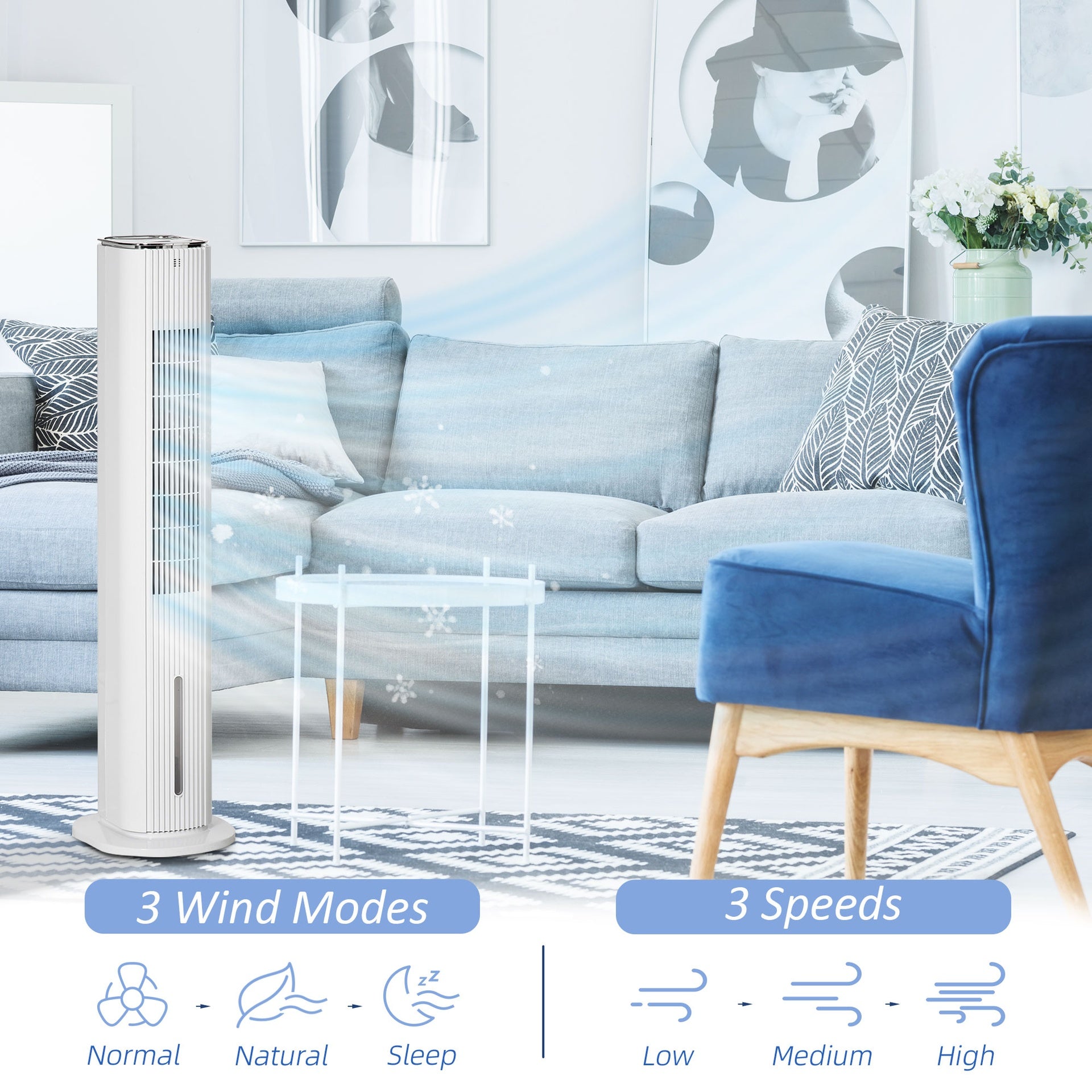 HOMCOM 42" 3-In-1 Ice Cooling Fan with Humidifier, Evaporative Air Cooler with Water Tank, 3 Modes, 3 Speeds, 12H Timer, White