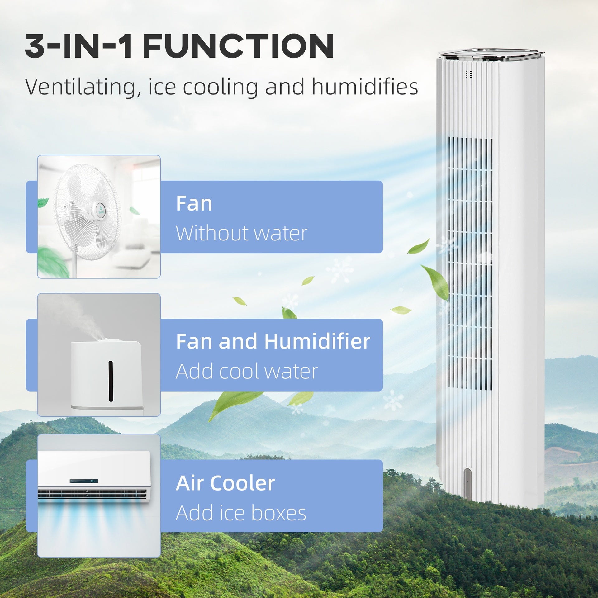 HOMCOM 42" 3-In-1 Ice Cooling Fan with Humidifier, Evaporative Air Cooler with Water Tank, 3 Modes, 3 Speeds, 12H Timer, White