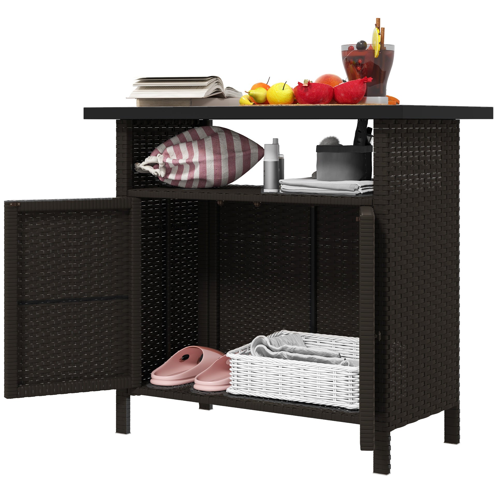 Outsunny Wicker Outdoor Storage Cabinet with Two Doors and Shelf for Outdoor Pool Towel Storage, Dark Coffee