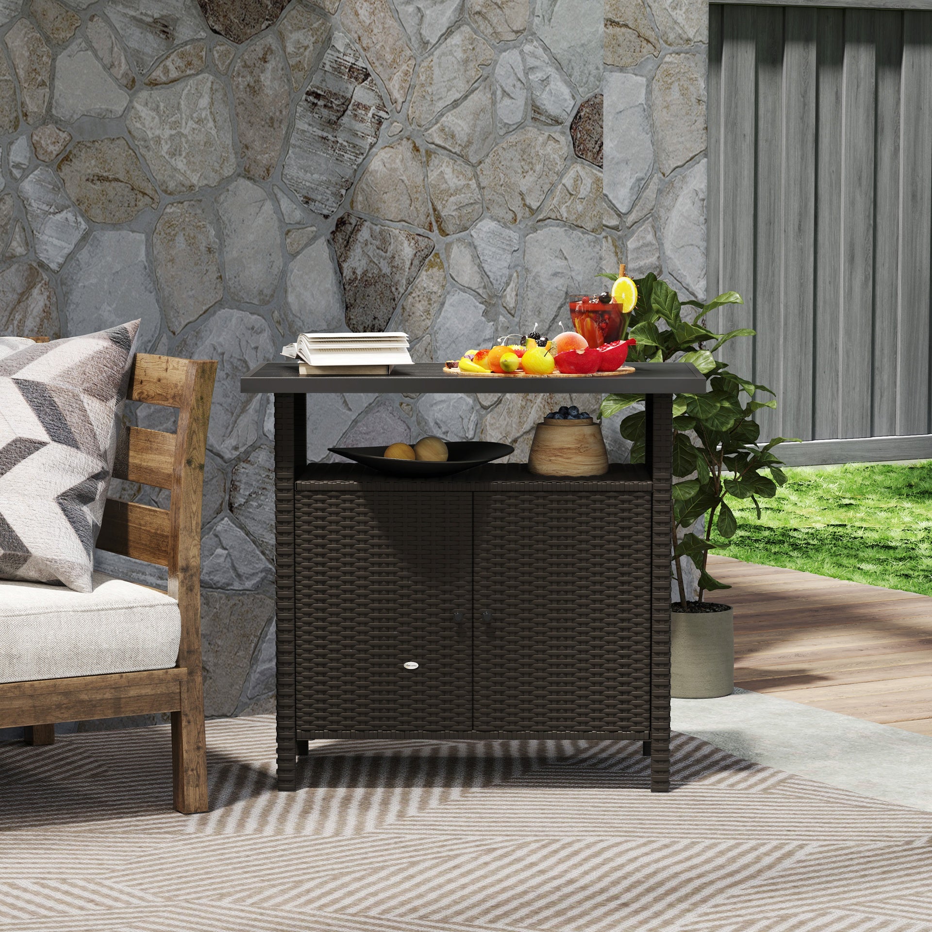 Outsunny Wicker Outdoor Storage Cabinet with Two Doors and Shelf for Outdoor Pool Towel Storage, Dark Coffee