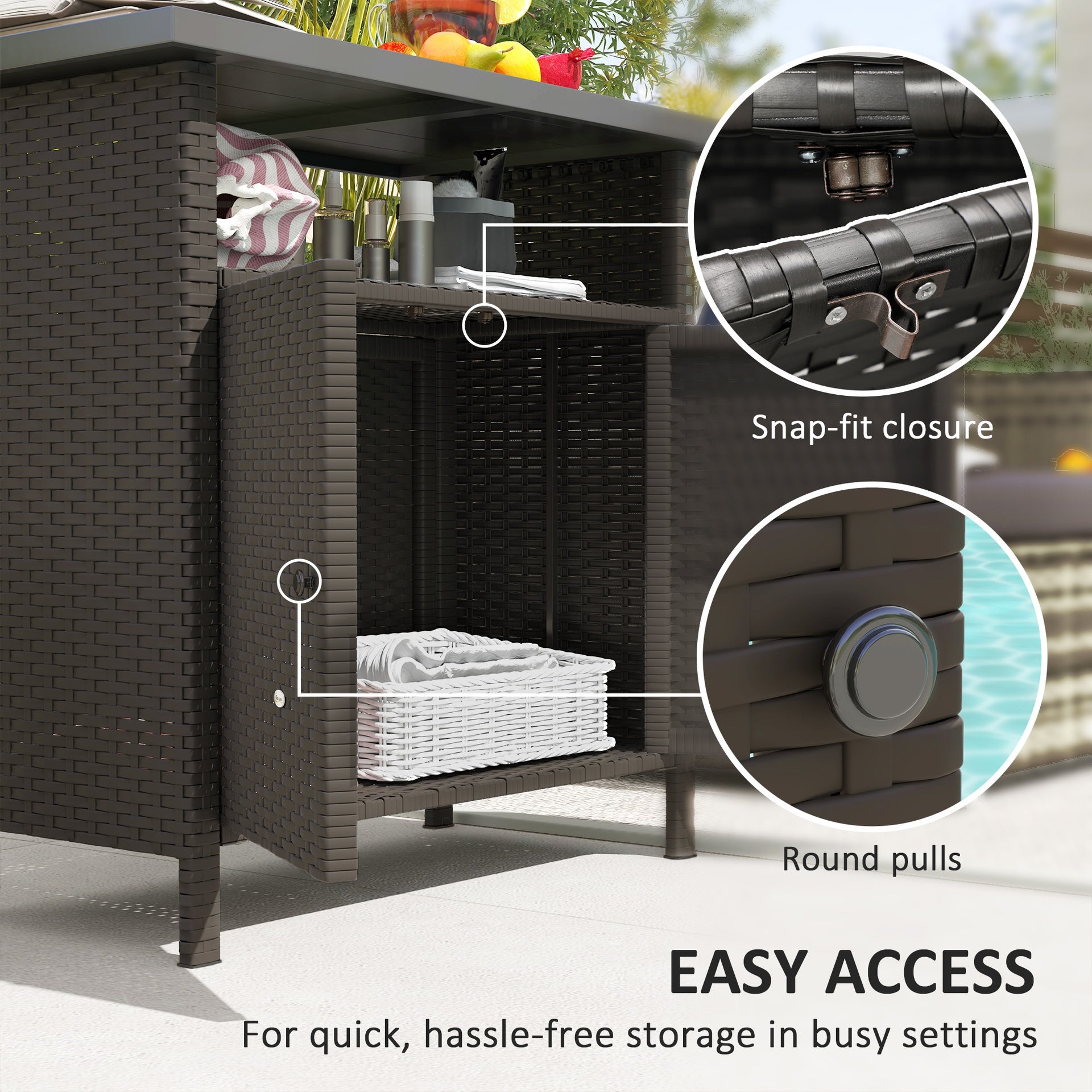 Outsunny Wicker Outdoor Storage Cabinet with Two Doors and Shelf for Outdoor Pool Towel Storage, Dark Coffee