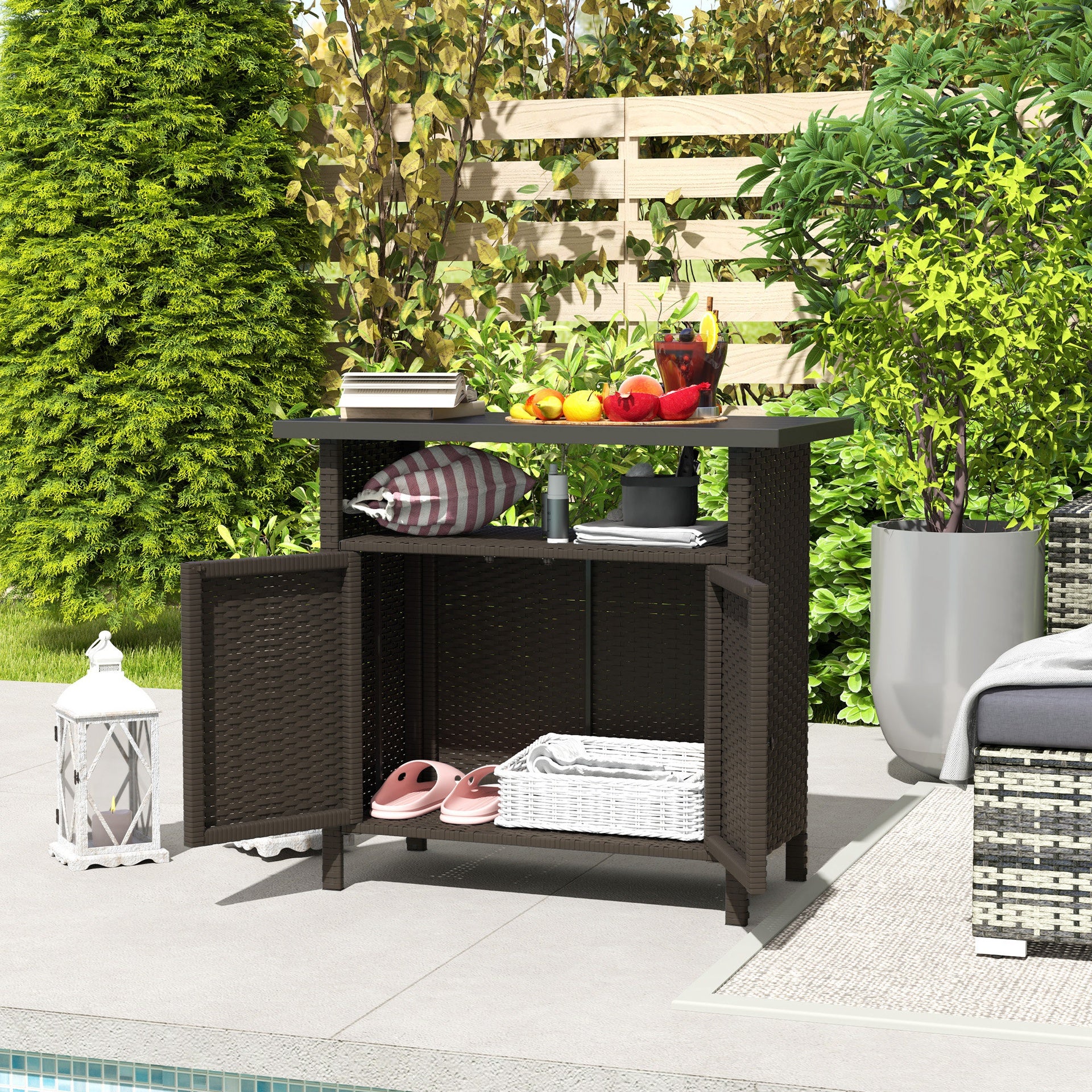 Outsunny Wicker Outdoor Storage Cabinet with Two Doors and Shelf for Outdoor Pool Towel Storage, Dark Coffee