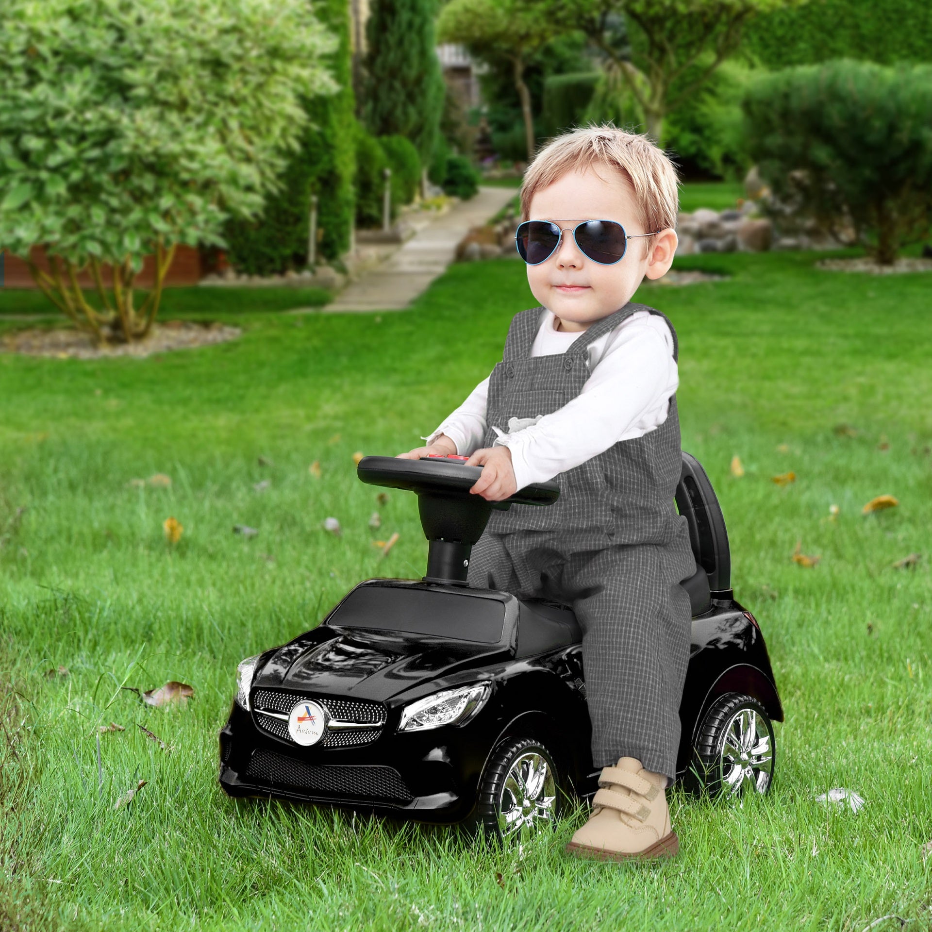 Aosom Kids Ride On Push Car, Foot-to-Floor Walking Sliding Toy Car for Toddler with Working Horn, Music, Headlights and Storage, Black