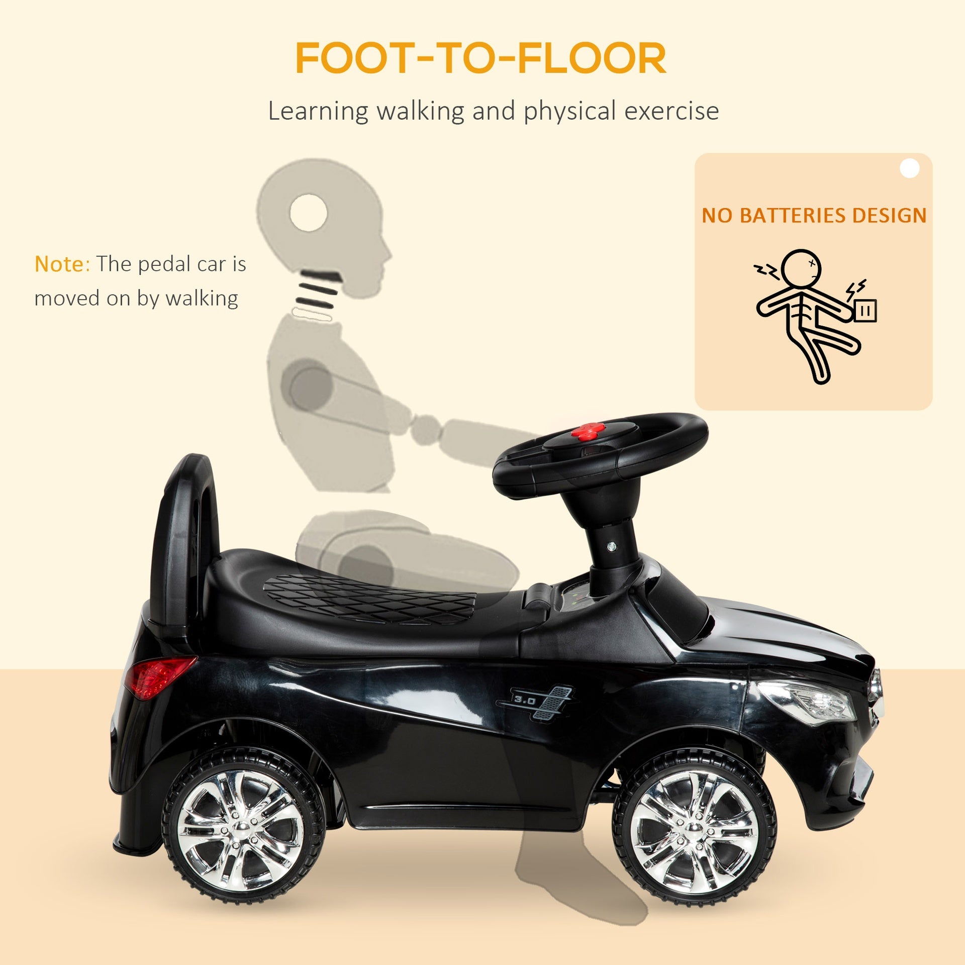 Aosom Kids Ride On Push Car, Foot-to-Floor Walking Sliding Toy Car for Toddler with Working Horn, Music, Headlights and Storage, Black