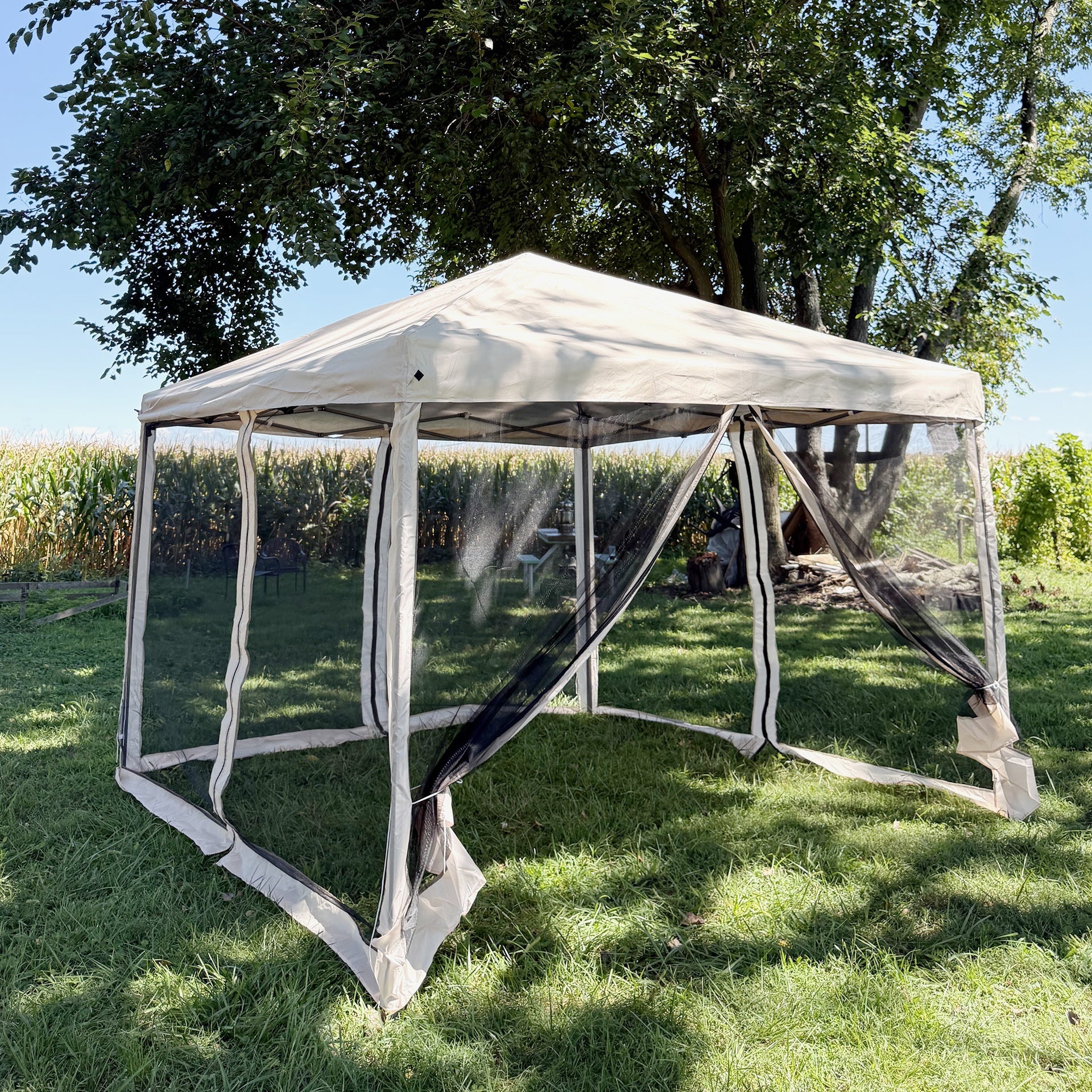 Outsunny 10' x 10' Pop Up Canopy Tent with Netting, Instant Gazebo, Screen House Room with Carry Bag, Height Adjustable, for Outdoor, Garden, Patio, Camping, Beige