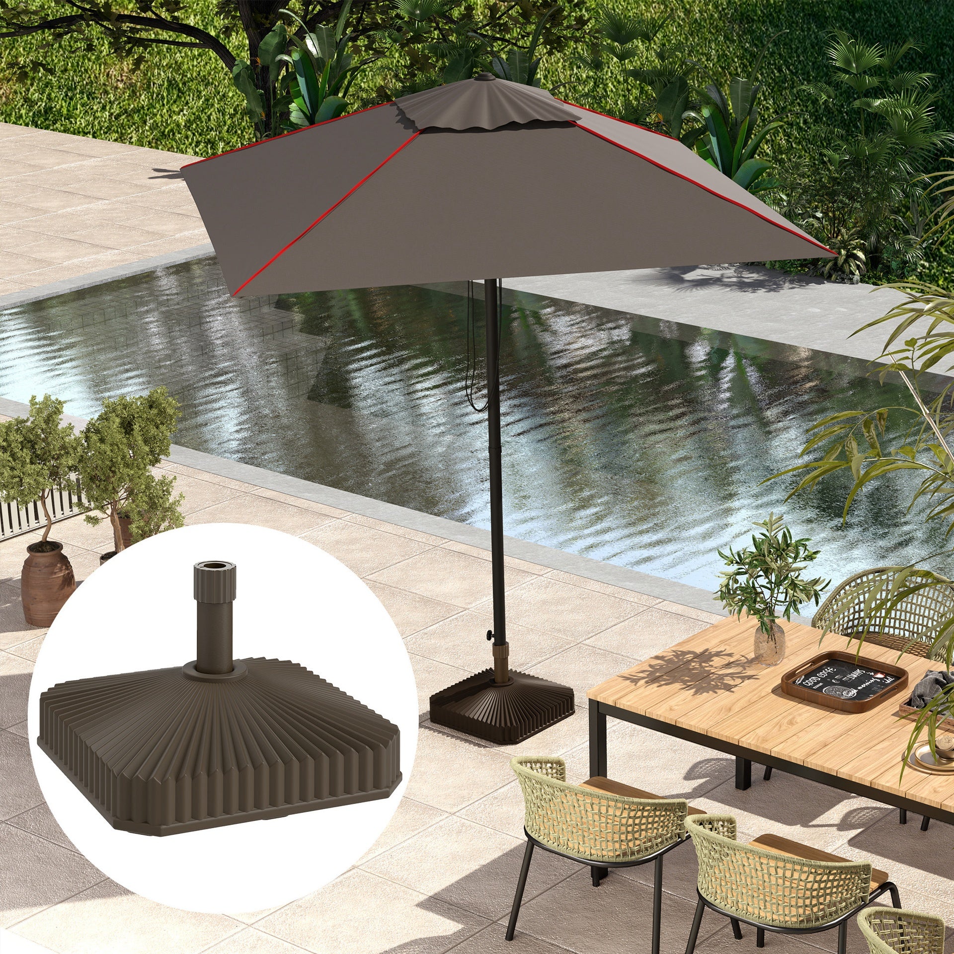Outsunny Square Patio Umbrella Base Holder, Heavy Duty Outdoor Umbrella Stand Base, Filled Up to 42lbs with Sand or 33lbs with Water for Garden, Poolside, Brown