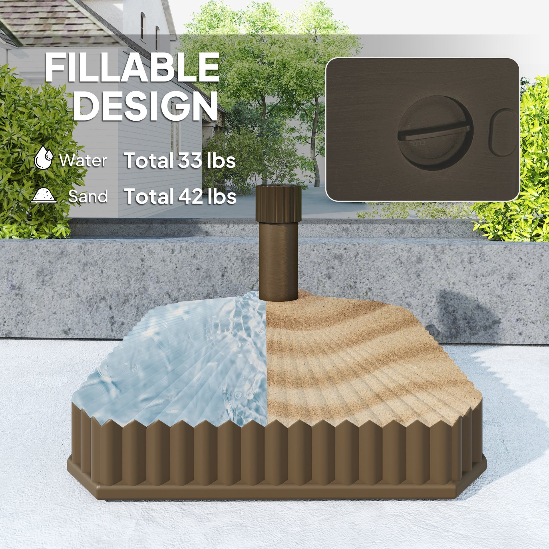 Outsunny Square Patio Umbrella Base Holder, Heavy Duty Outdoor Umbrella Stand Base, Filled Up to 42lbs with Sand or 33lbs with Water for Garden, Poolside, Brown
