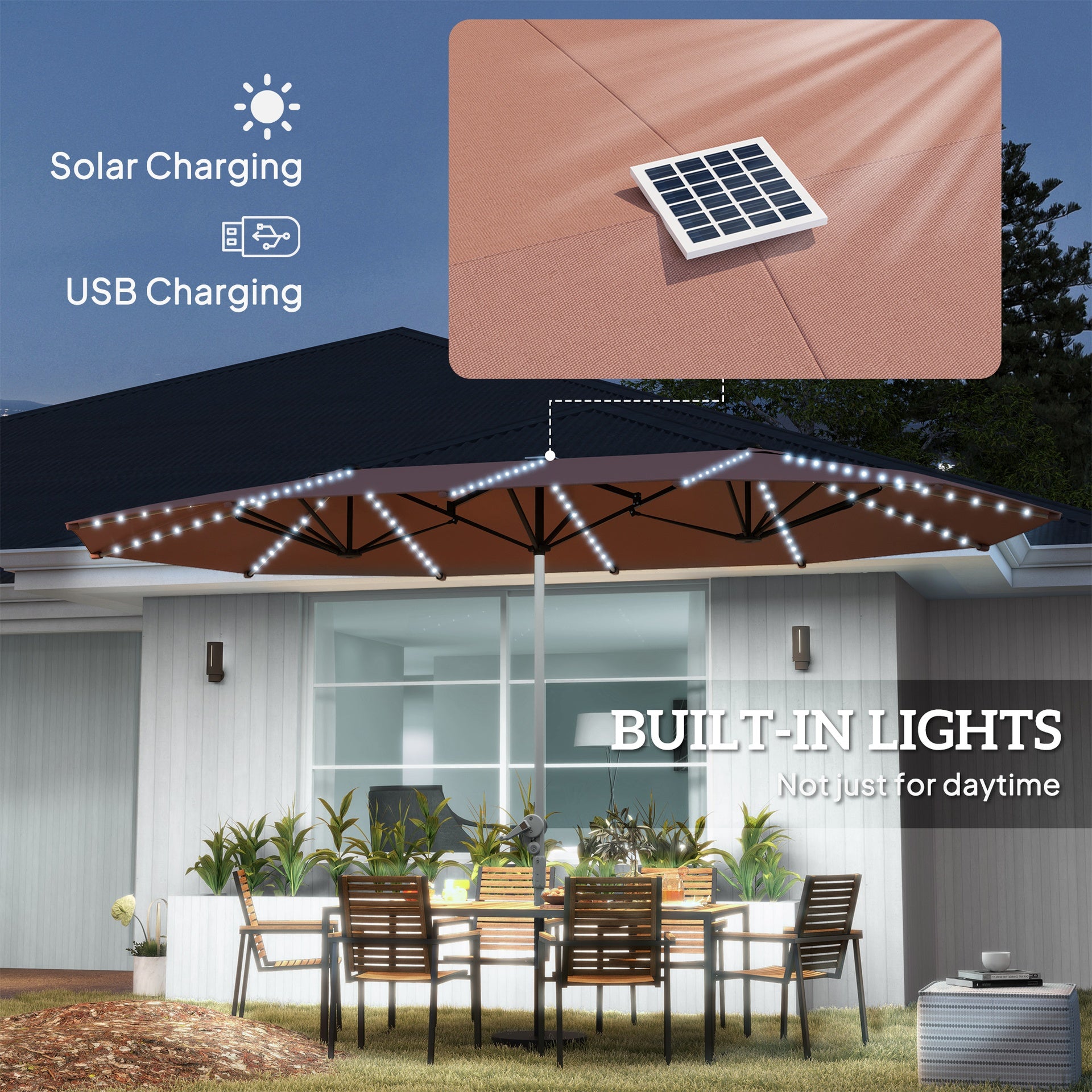 Outsunny 15ft Double-Sided Outdoor Umbrella with Solar Lights, UPF50+ Extra Large Aluminum Patio Umbrella with Crank, Tan
