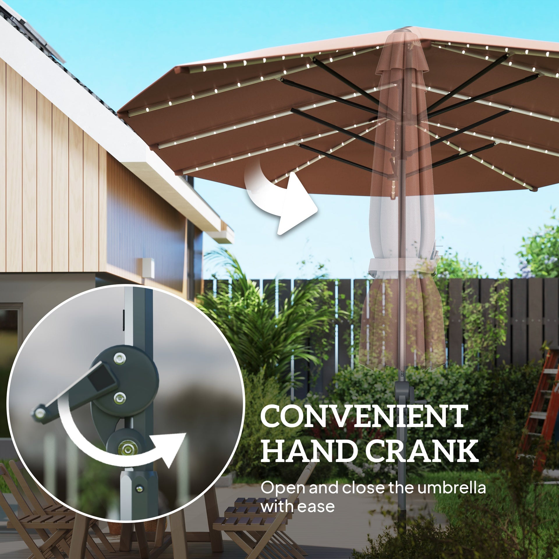 Outsunny 15ft Double-Sided Outdoor Umbrella with Solar Lights, UPF50+ Extra Large Aluminum Patio Umbrella with Crank, Tan