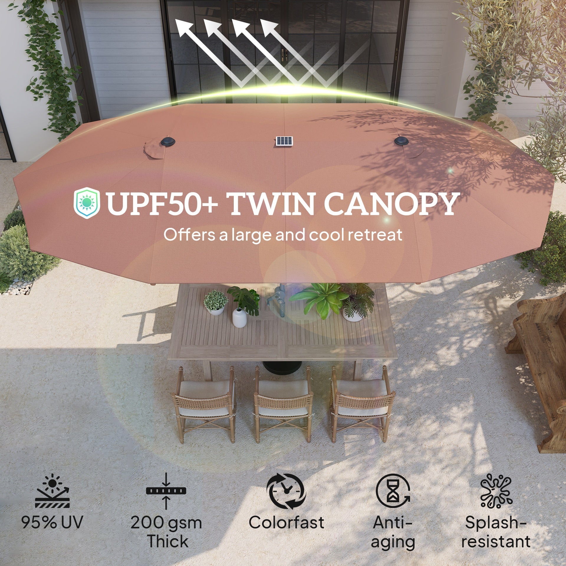 Outsunny 15ft Double-Sided Outdoor Umbrella with Solar Lights, UPF50+ Extra Large Aluminum Patio Umbrella with Crank, Tan