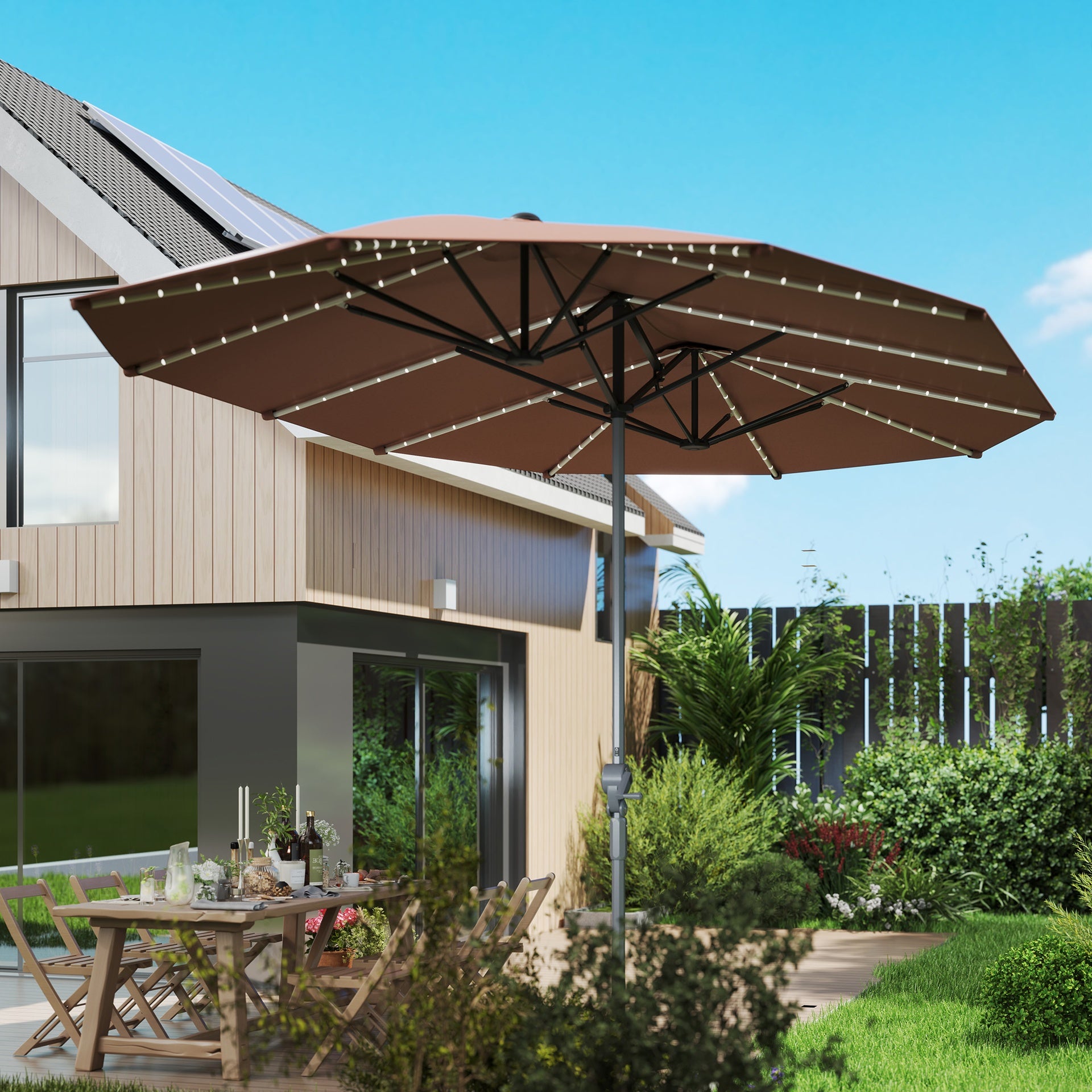 Outsunny 15ft Double-Sided Outdoor Umbrella with Solar Lights, UPF50+ Extra Large Aluminum Patio Umbrella with Crank, Tan