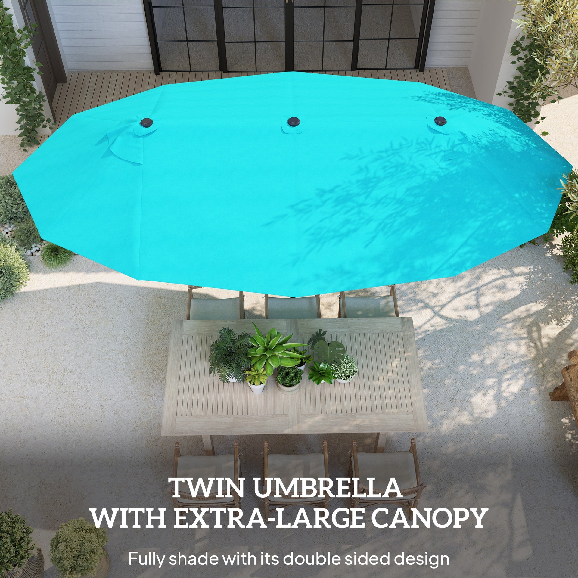 Outsunny Patio Umbrella 15ft Double-Sided Outdoor Market Extra Large Umbrella with Crank Handle for Backyard, Light Blue