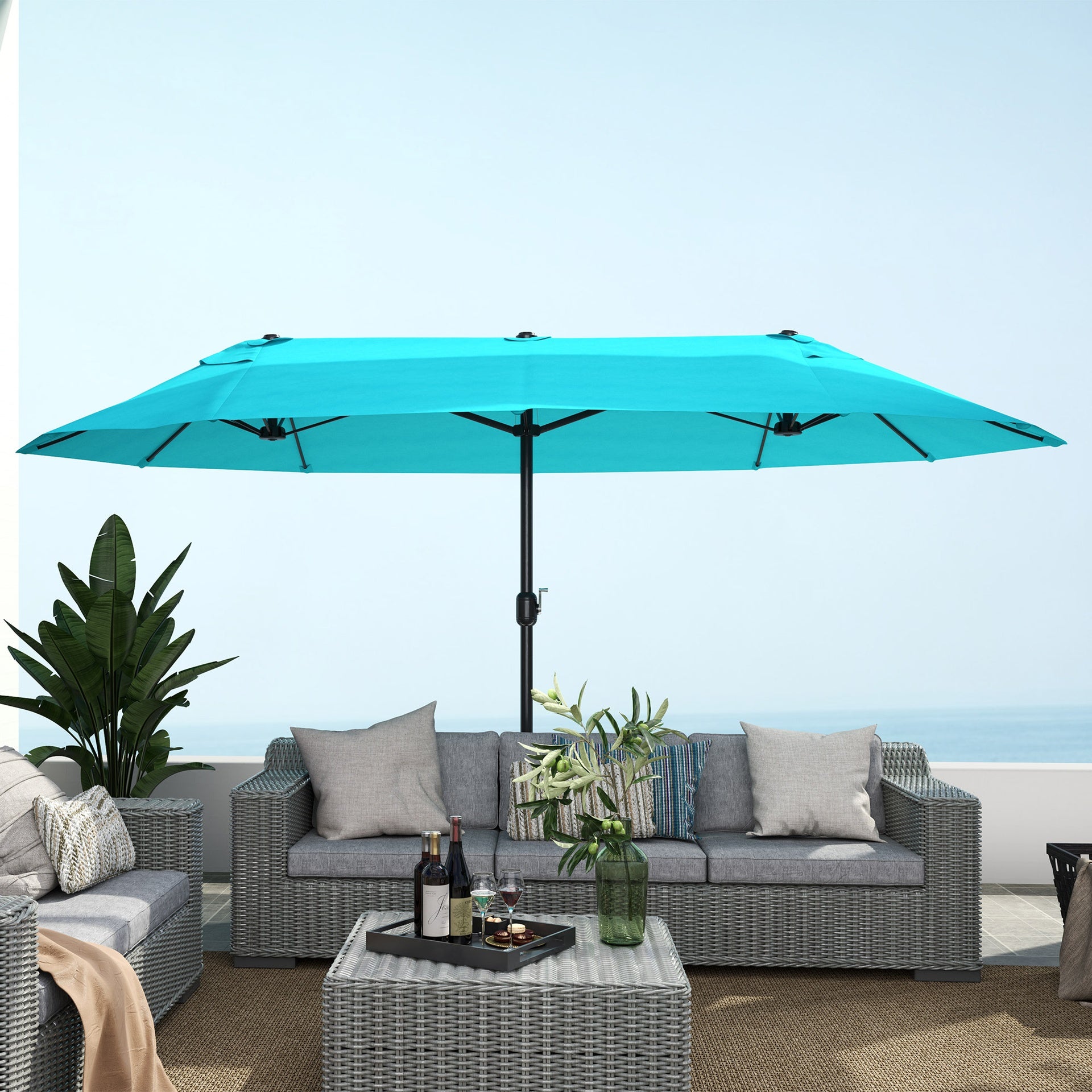 Outsunny Patio Umbrella 15ft Double-Sided Outdoor Market Extra Large Umbrella with Crank Handle for Backyard, Light Blue