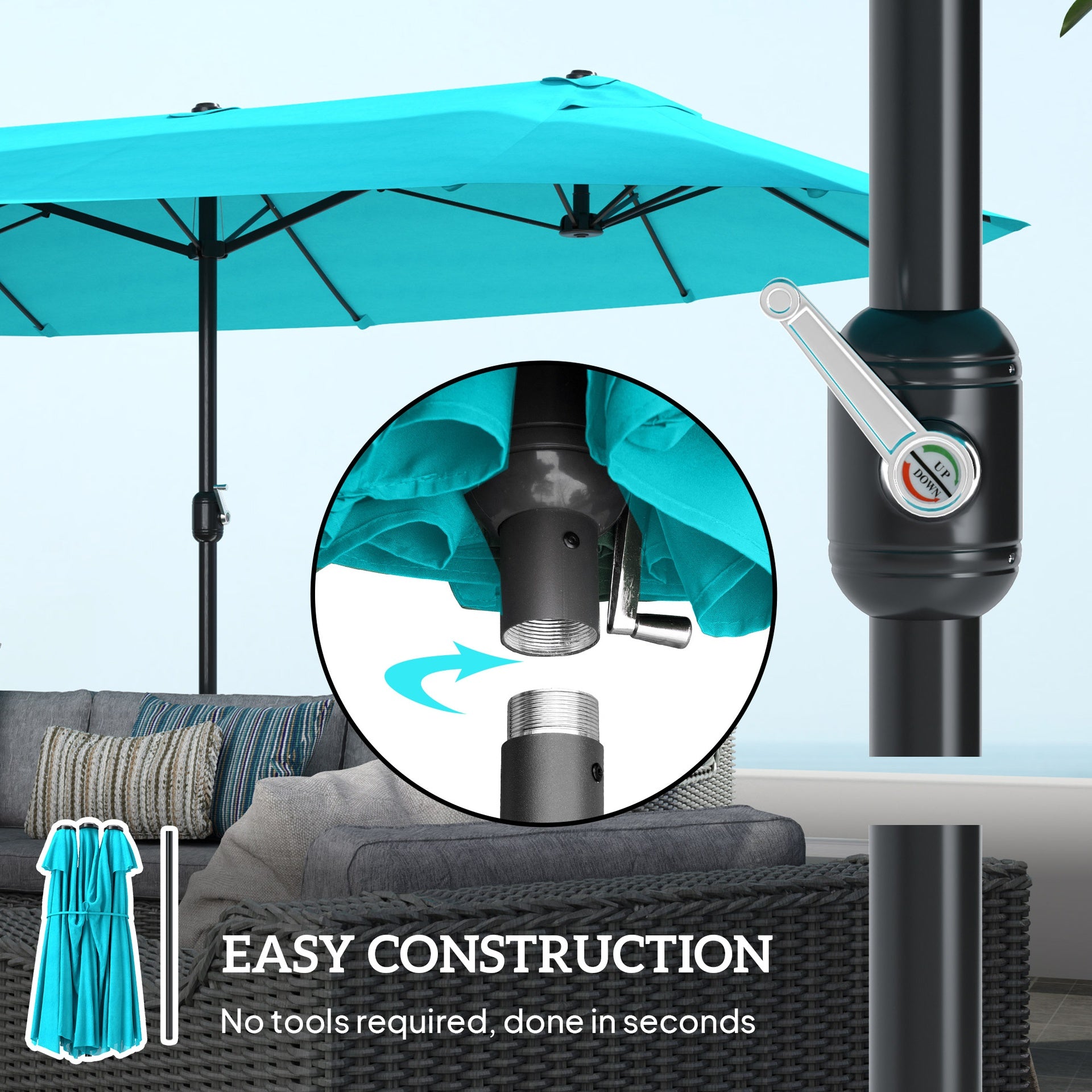 Outsunny Patio Umbrella 15ft Double-Sided Outdoor Market Extra Large Umbrella with Crank Handle for Backyard, Light Blue