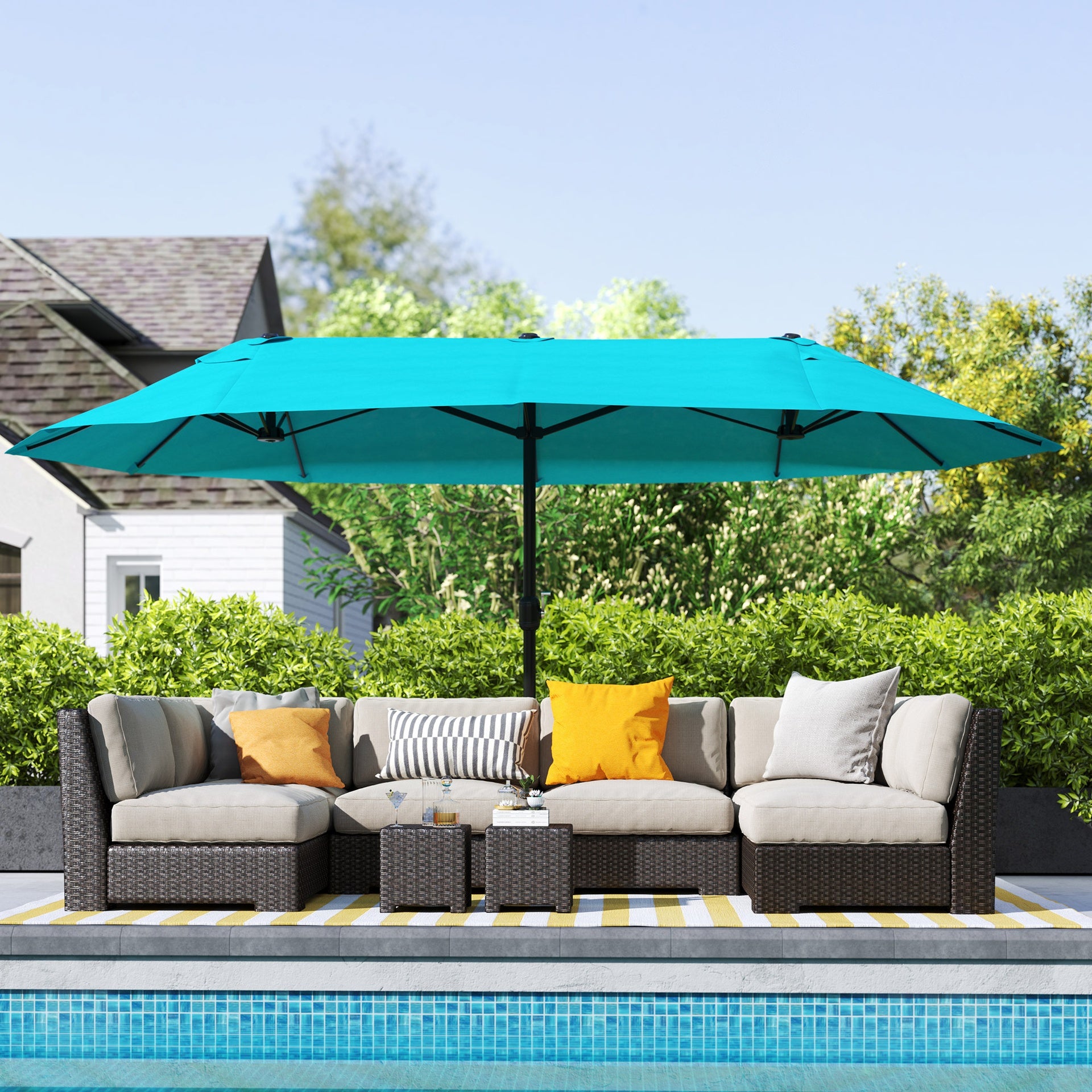 Outsunny Patio Umbrella 15ft Double-Sided Outdoor Market Extra Large Umbrella with Crank Handle for Backyard, Light Blue