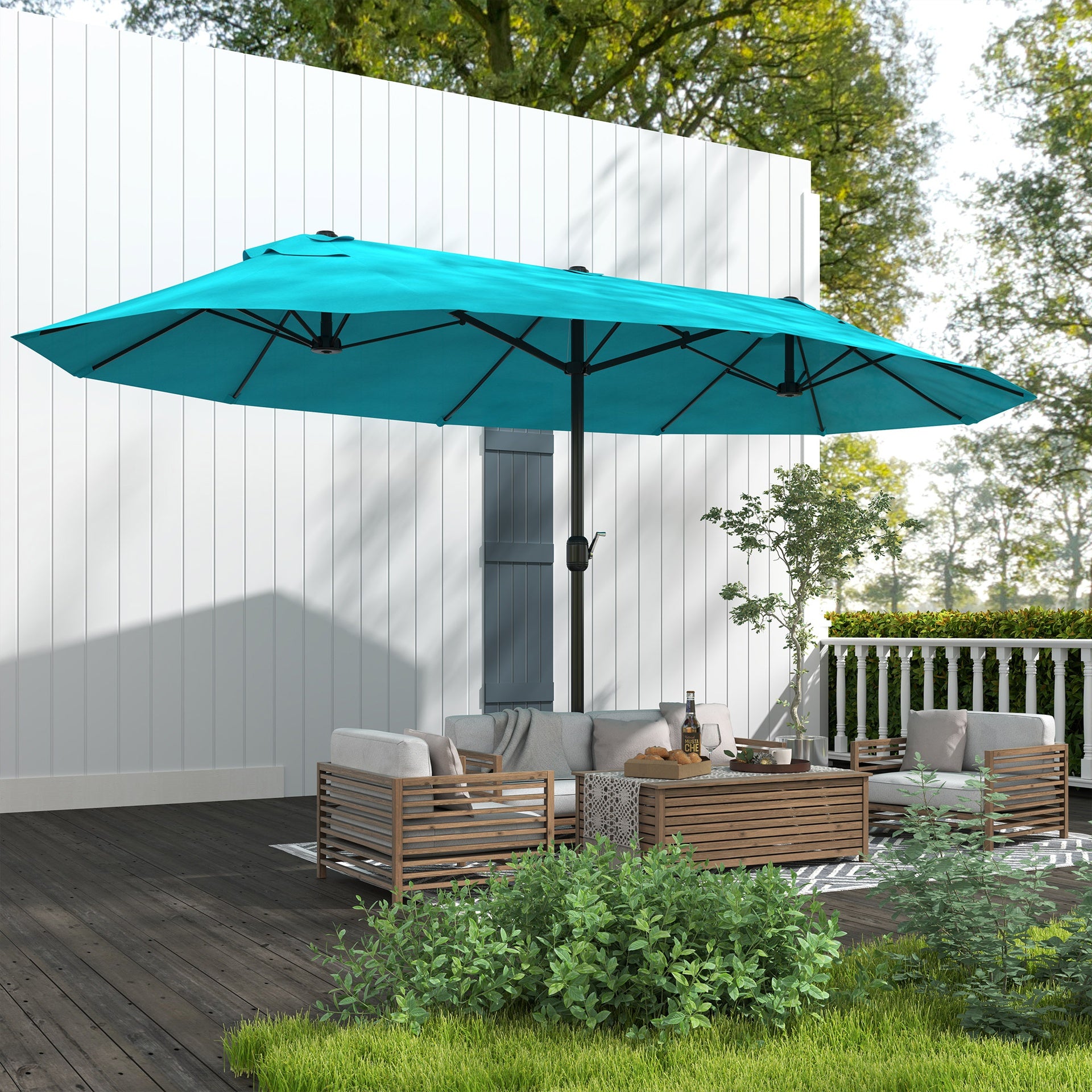 Outsunny Patio Umbrella 15ft Double-Sided Outdoor Market Extra Large Umbrella with Crank Handle for Backyard, Light Blue