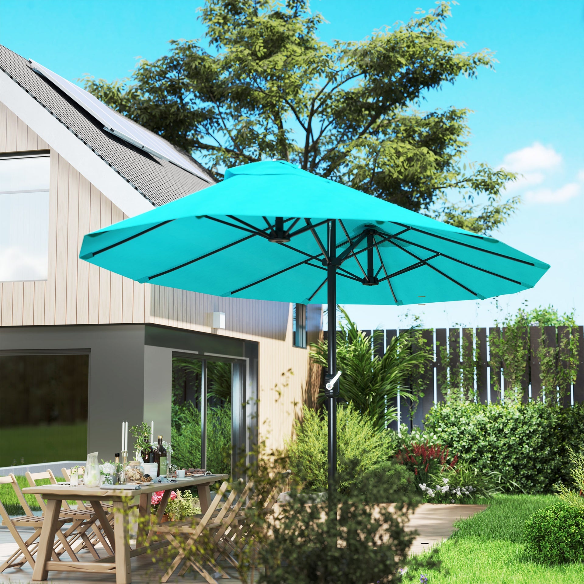Outsunny Patio Umbrella 15ft Double-Sided Outdoor Market Extra Large Umbrella with Crank Handle for Backyard, Light Blue