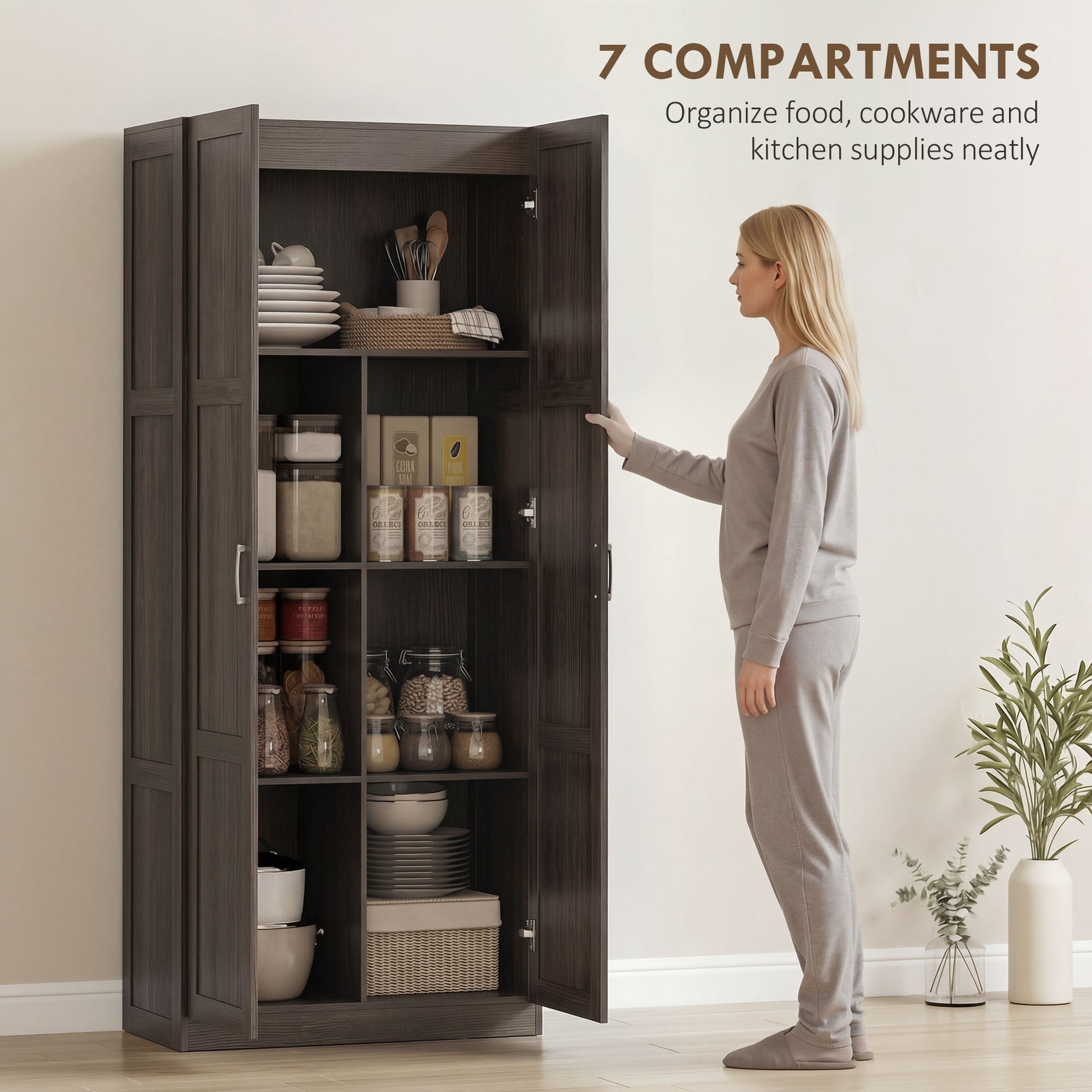 HOMCOM Farmhouse Pantry Cabinet, 71" Tall Kitchen Pantry Storage Cabinet with Soft-Close Hinges, Adjustable Shelves, Espresso