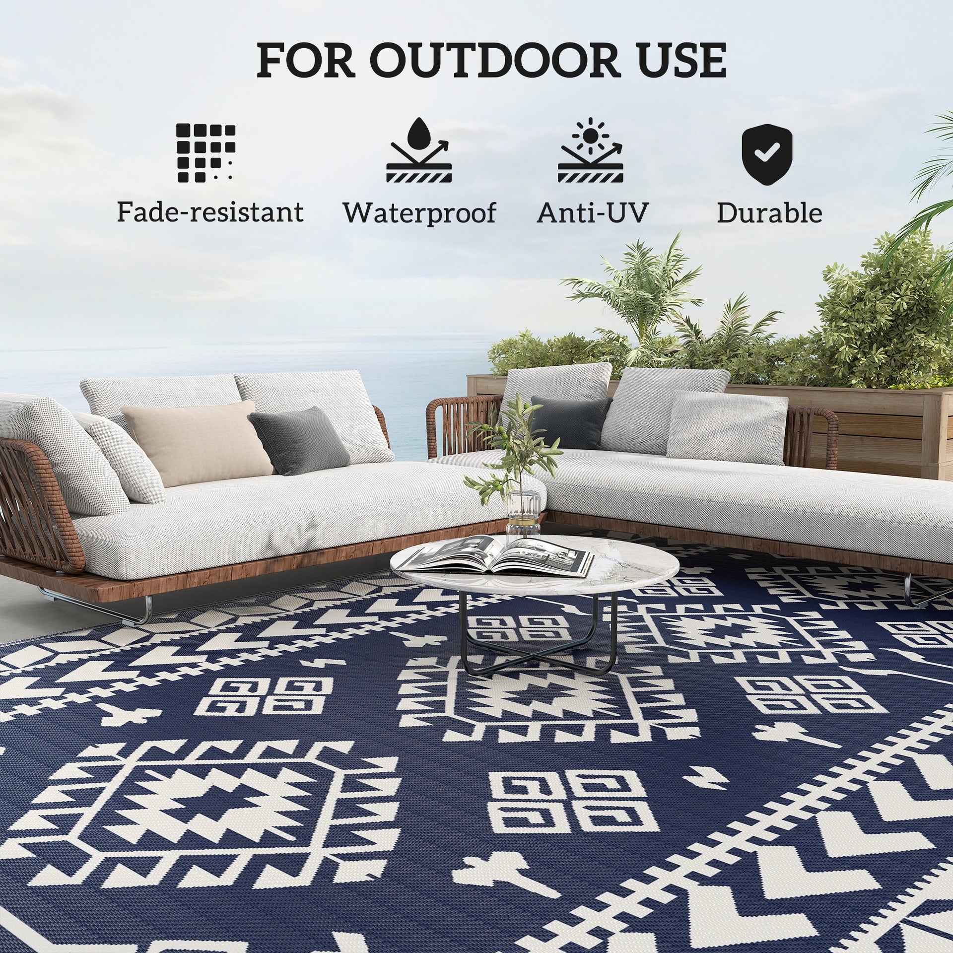 Outsunny Reversible Outdoor Rug, Waterproof Plastic Straw with Carry Bag, 9' x 18', Blue & White Rhombus Patchwork