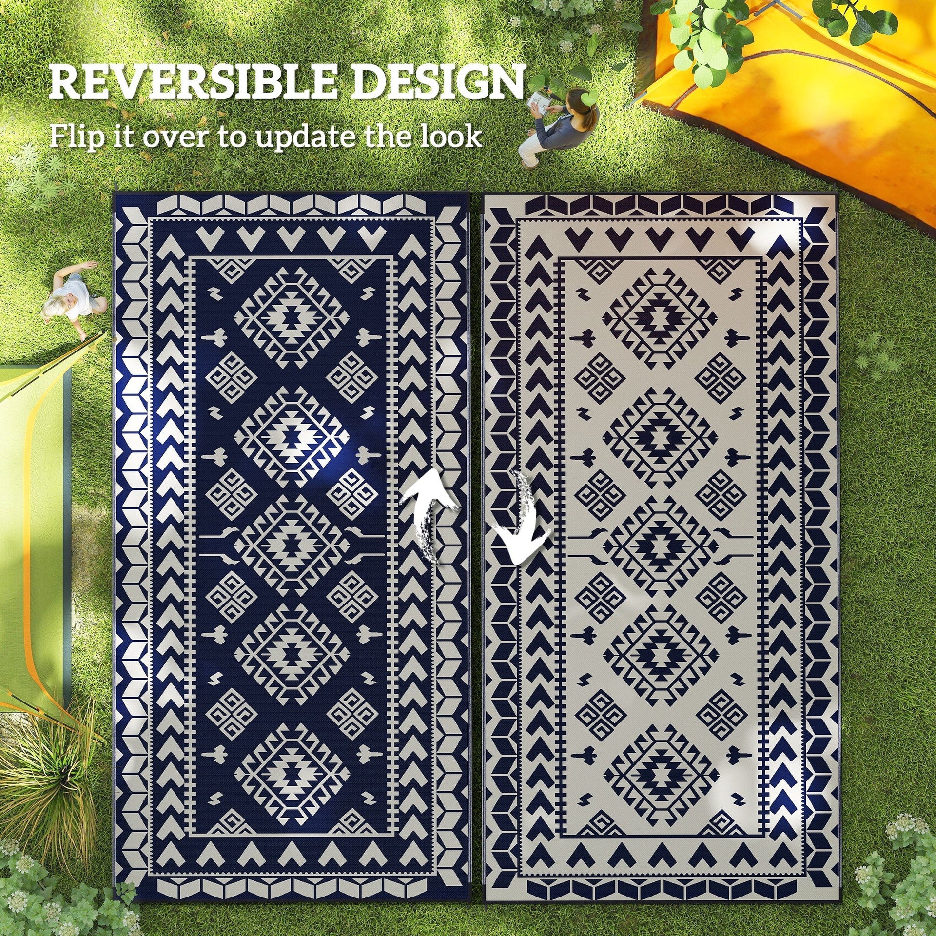Outsunny Reversible Outdoor Rug, Waterproof Plastic Straw with Carry Bag, 9' x 18', Blue & White Rhombus Patchwork