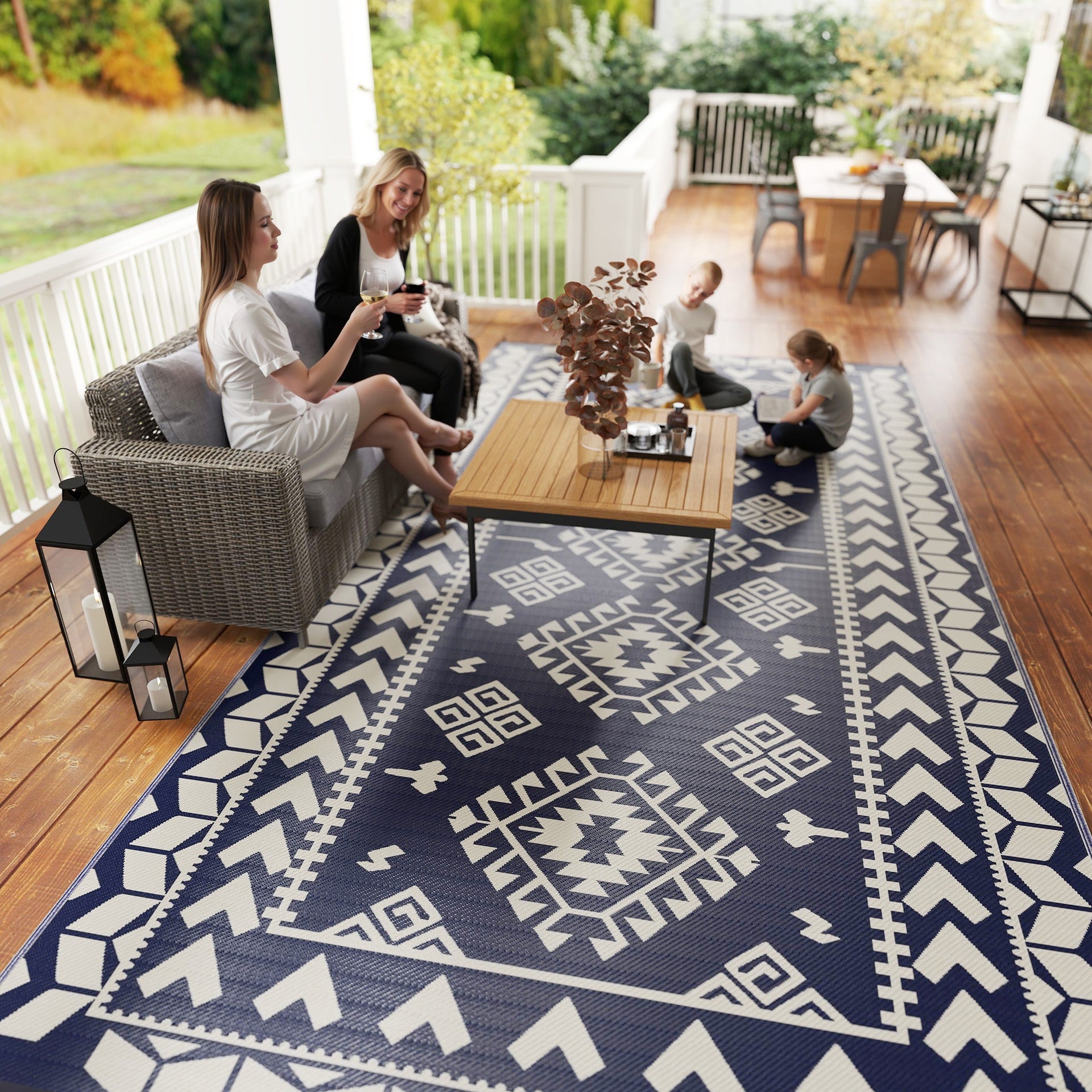 Outsunny Reversible Outdoor Rug, Waterproof Plastic Straw with Carry Bag, 9' x 18', Blue & White Rhombus Patchwork