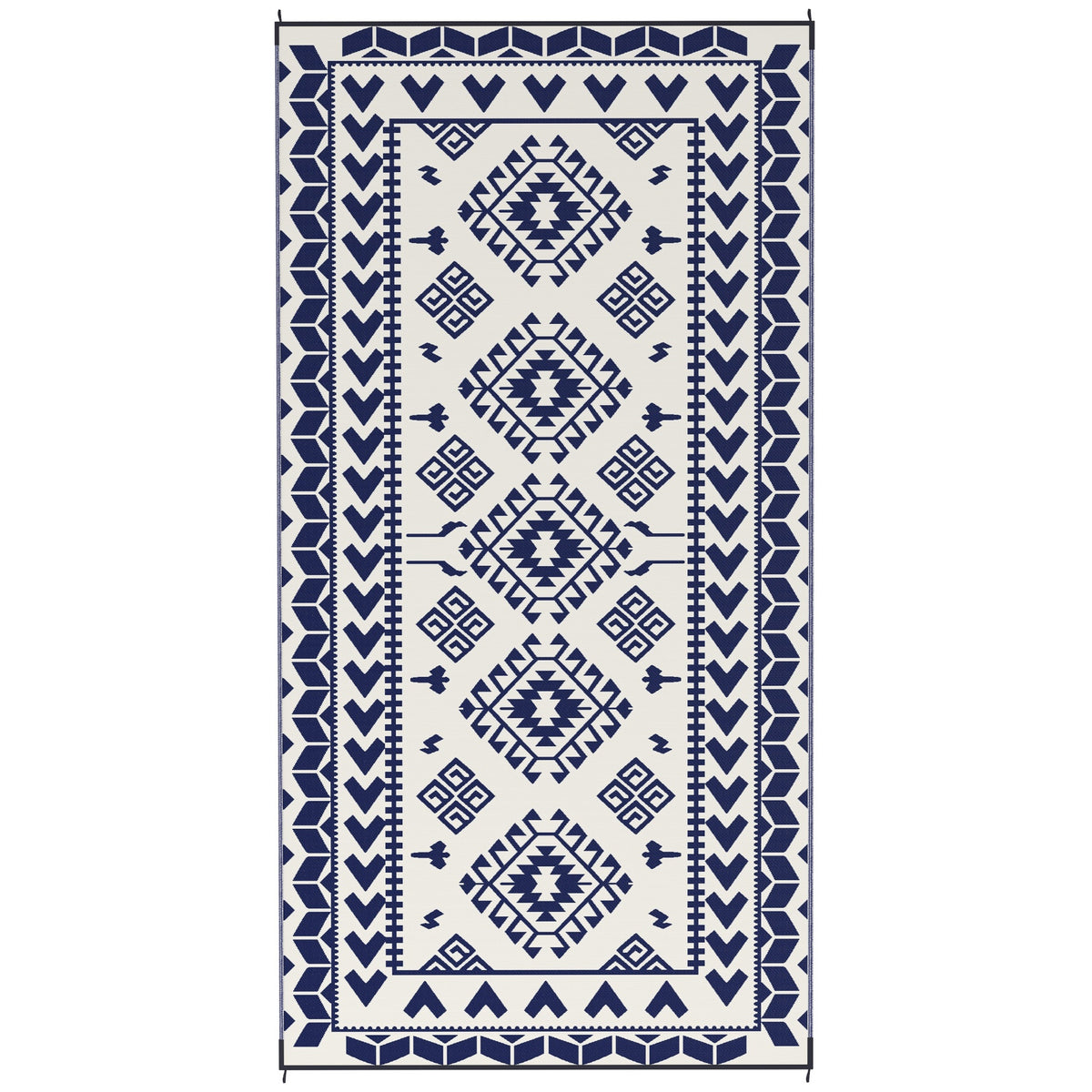 Outsunny Reversible Outdoor Rug, Waterproof Plastic Straw with Carry Bag, 9' x 18', Blue & White Rhombus Patchwork