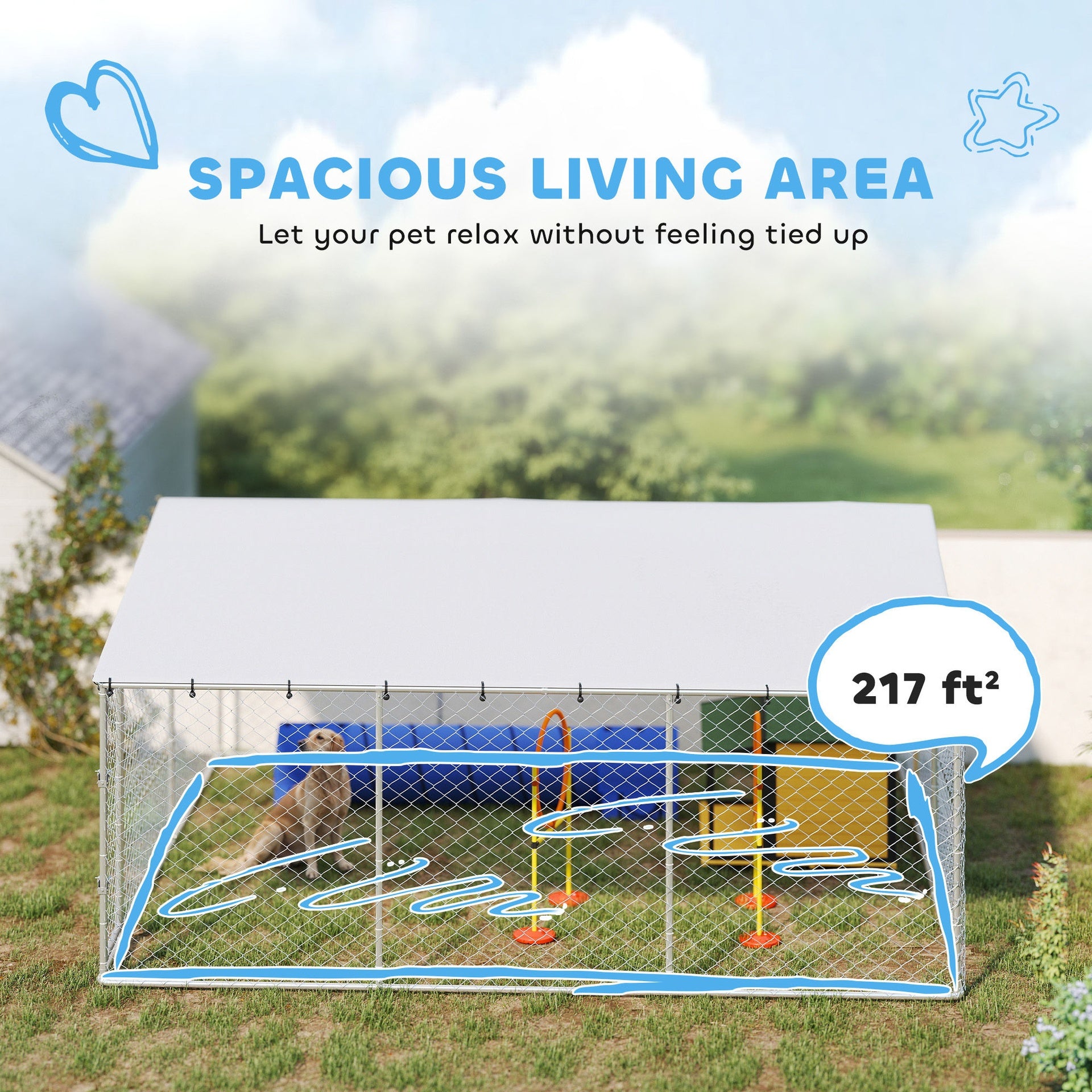 PawHut 15' x 15' x 7' Dog Kennel Outdoor for Small Medium Large Dogs with Waterproof Roof, Silver