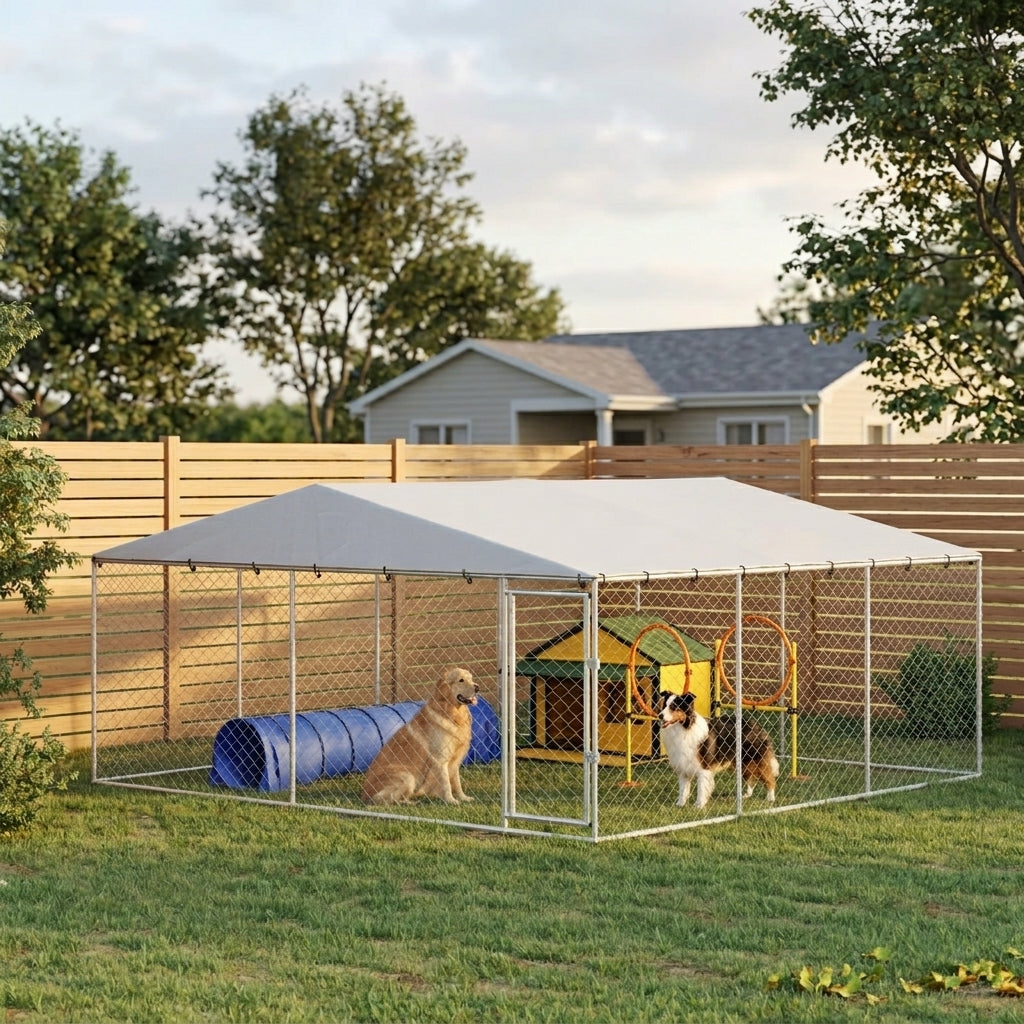 PawHut 15' x 15' x 7' Dog Kennel Outdoor for Small Medium Large Dogs with Waterproof Roof, Silver