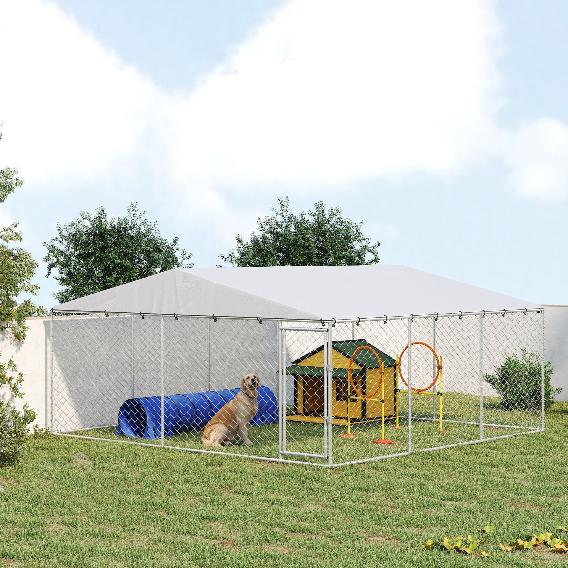 PawHut 15' x 15' x 7' Dog Kennel Outdoor for Small Medium Large Dogs with Waterproof Roof, Silver