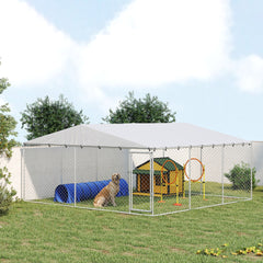 PawHut 15' x 15' x 7' Dog Kennel Outdoor for Small Medium Large Dogs with Waterproof Roof, Silver